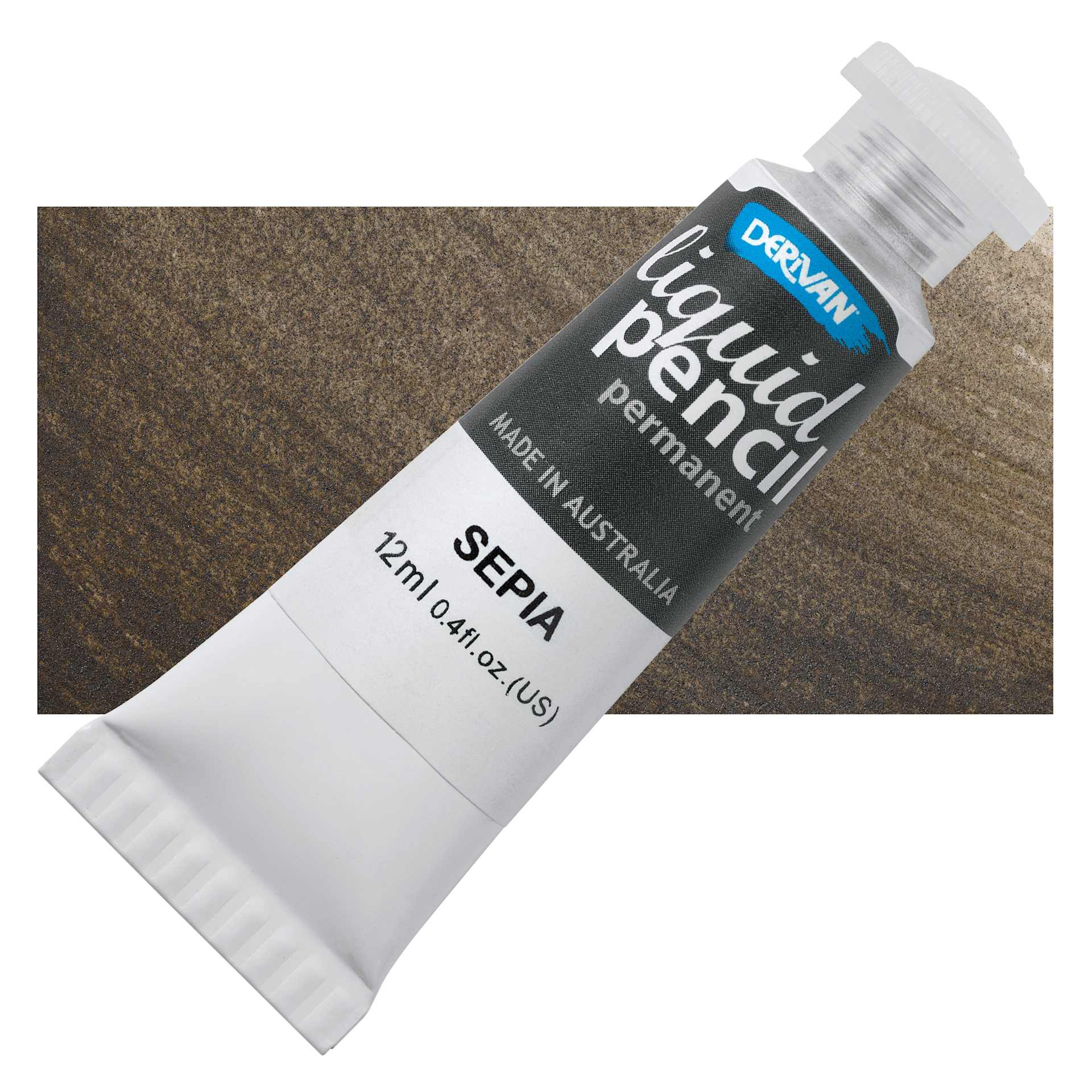 Derivan Permanent Liquid Pencil Tube - Sepia, 12 ml, bottle with swatch