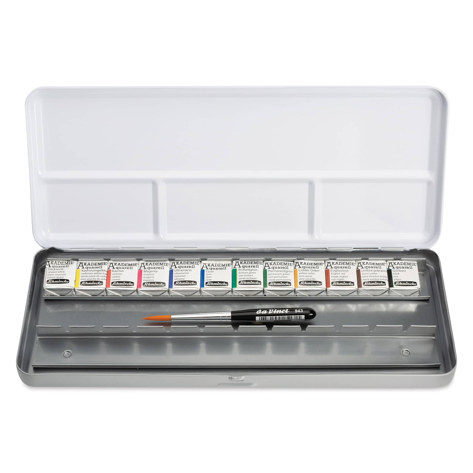 Schmincke Akademie Aquarell Watercolor Pans - Set of 12 with Brush, Metal Case, Assorted Colors, Half Pans