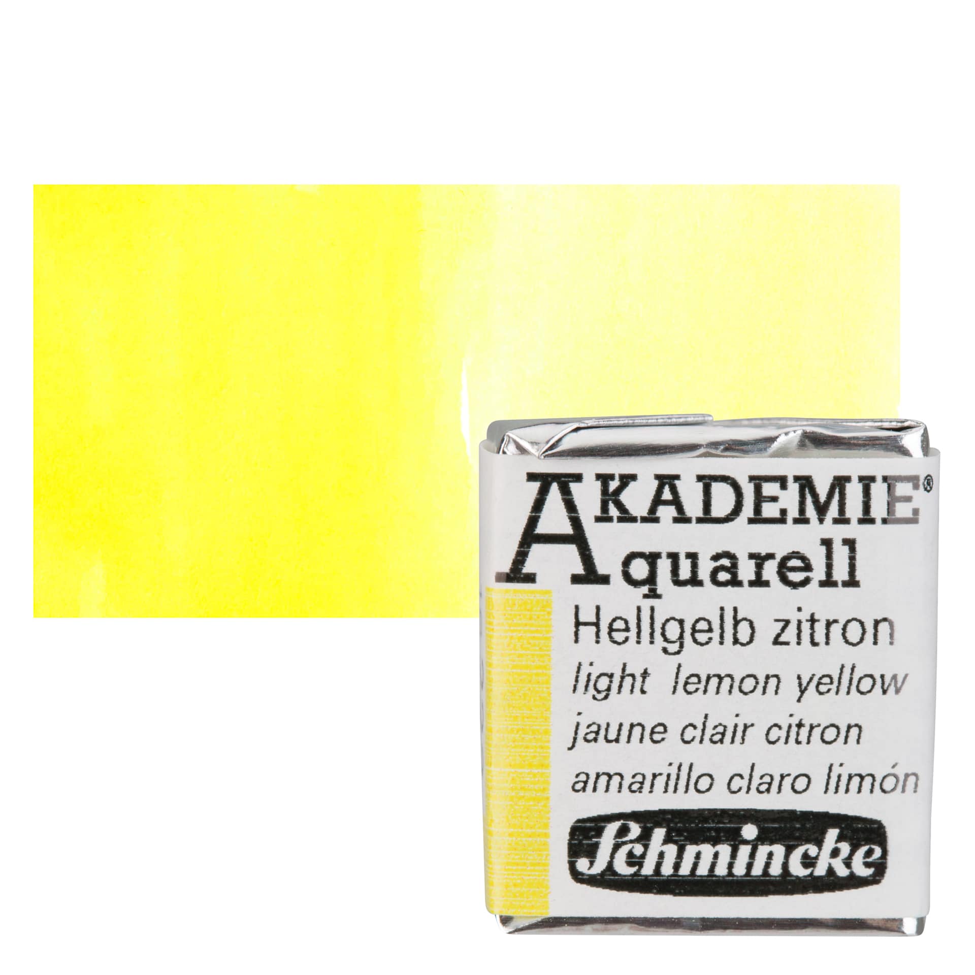 Schmincke Akademie Aquarell Watercolor Pan - Light Lemon Yellow, Half Pan and swatch