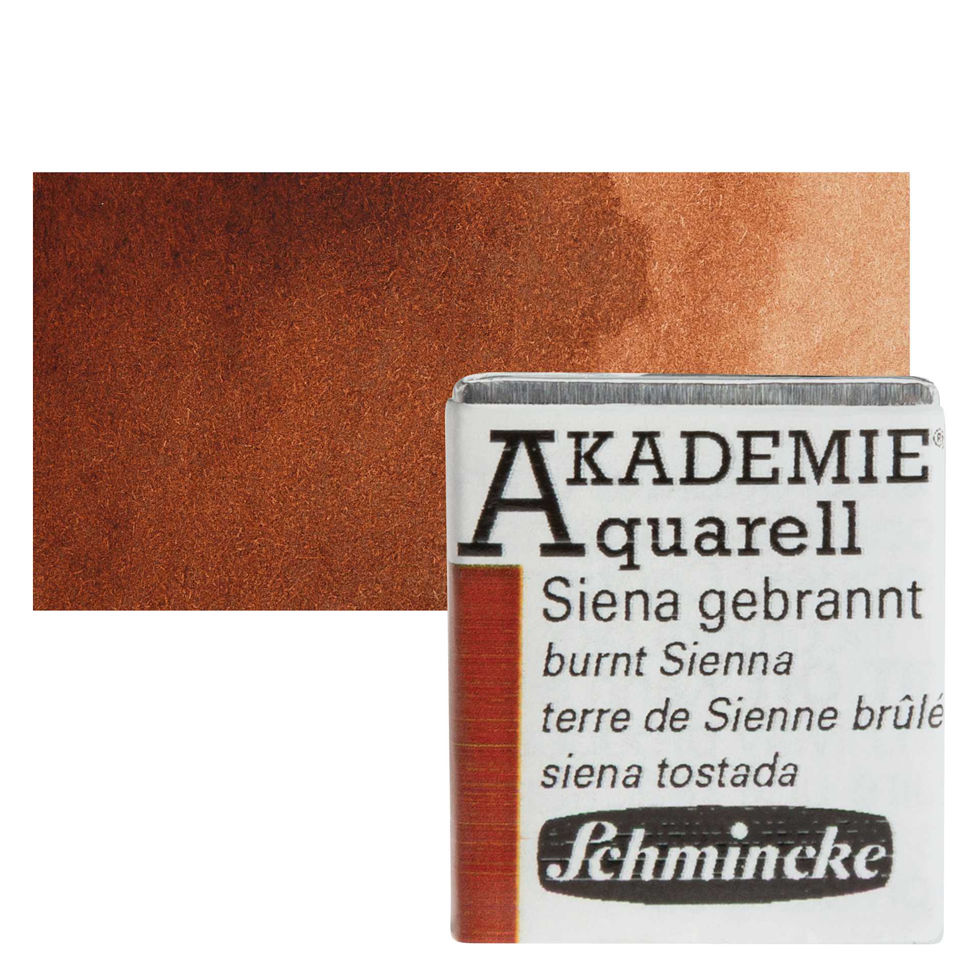 Schmincke Akademie Aquarell Watercolor Pan - Burnt Sienna, Half Pan and swatch