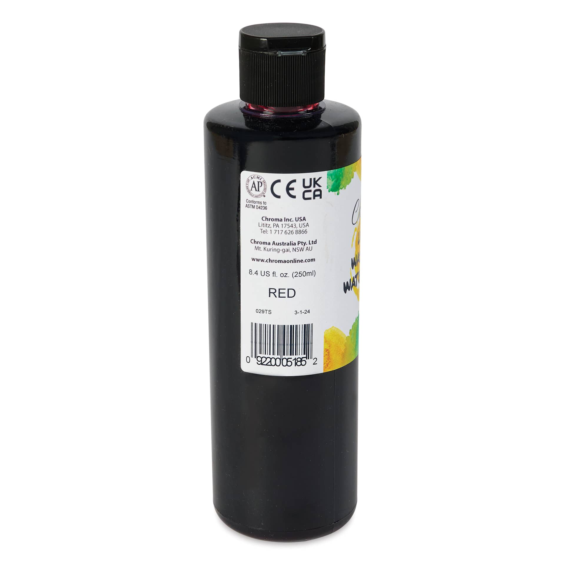 Chroma Liquid Washable Watercolor Paint - Red, 8.4 oz, Bottle, back