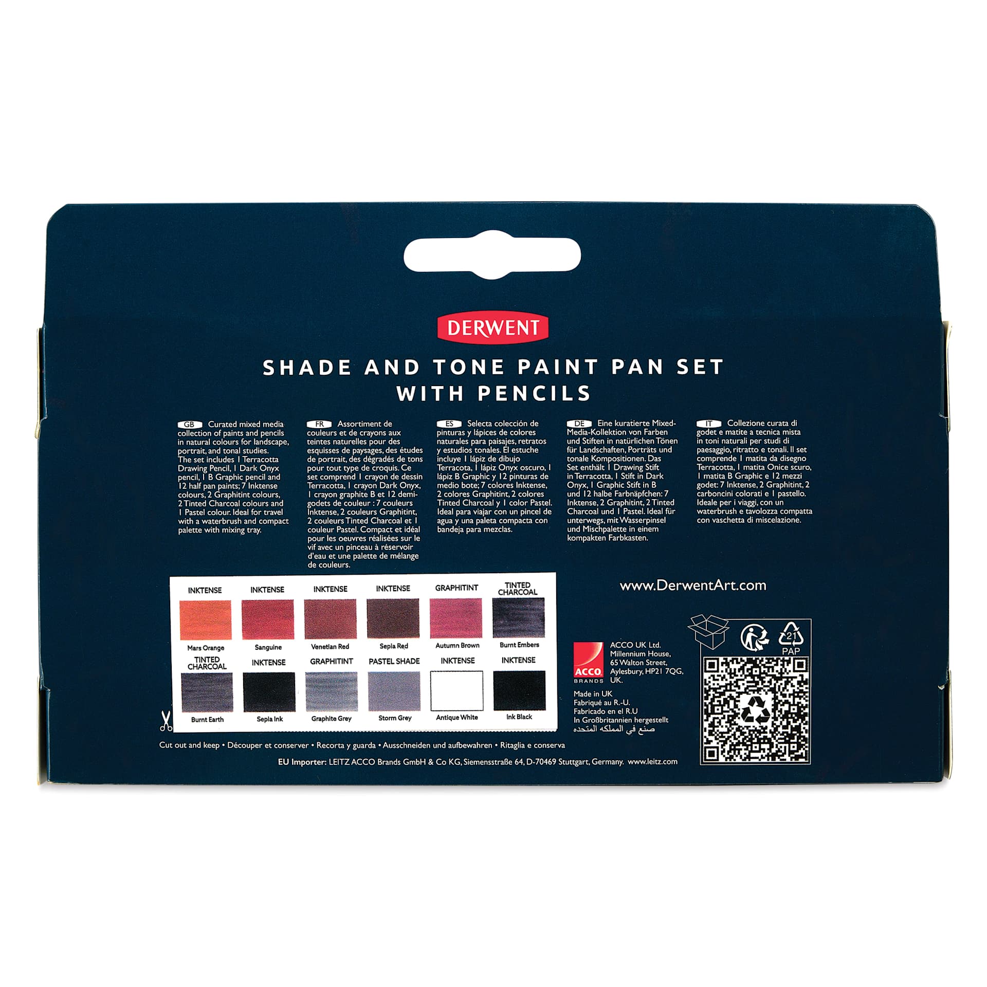 Derwent Shade and Tone Mixed Media Set - Set of 12, Assorted Colors, back view of the packaging