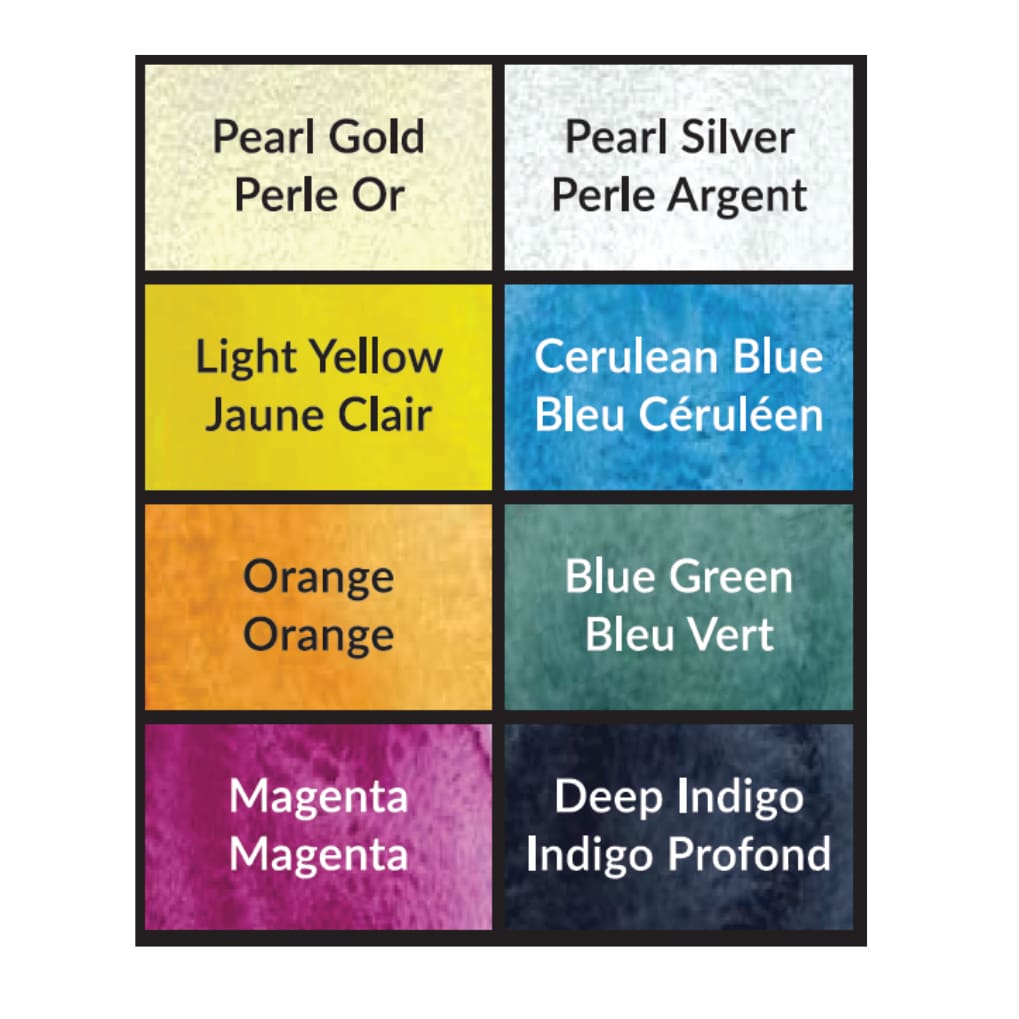 Pearl Gold, Pearl Silver, Light Yellow, Cerulean, Blue, Orange, Blue Green, Magenta, Deep Indigo.