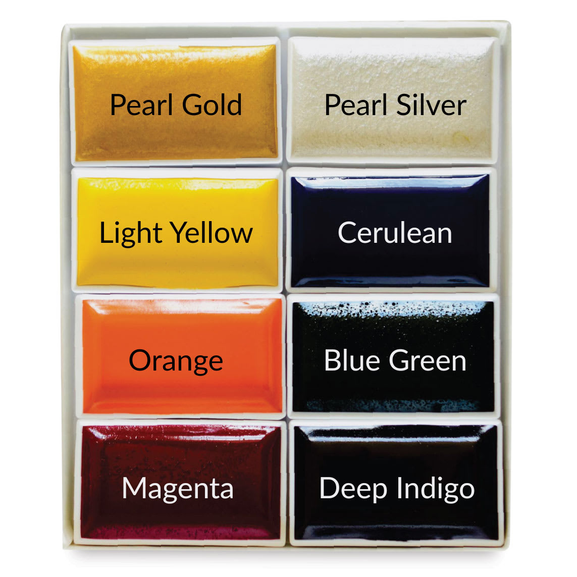 Pearl Gold, Pearl Silver, Light Yellow, Cerulean, Blue, Orange, Blue Green, Magenta, Deep Indigo.