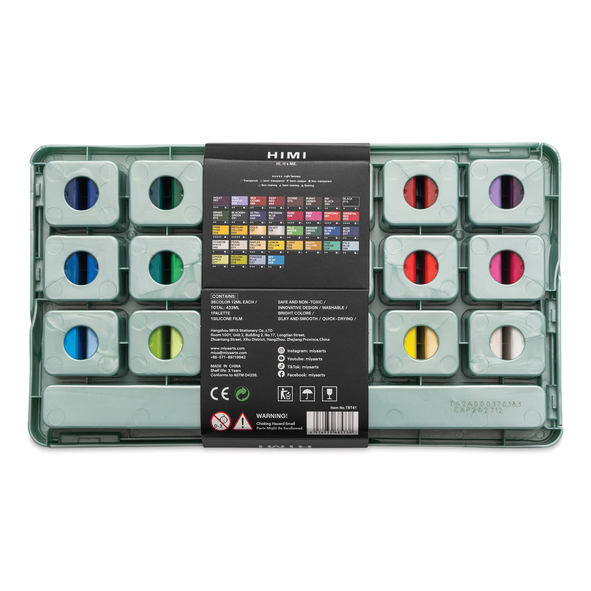 Back of packaging for the Himi Jelly Acrylic Paint Set of 36 paints.