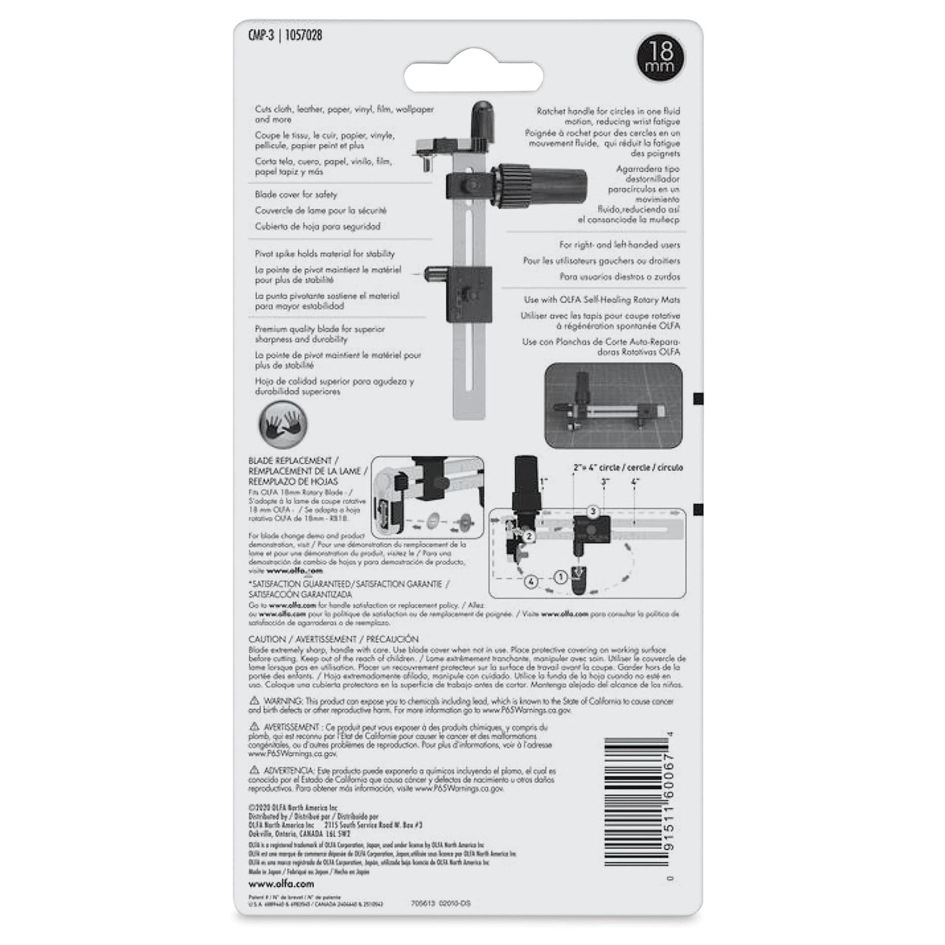 Olfa Rotary Circle Cutter - 18 mm, back of the packaging