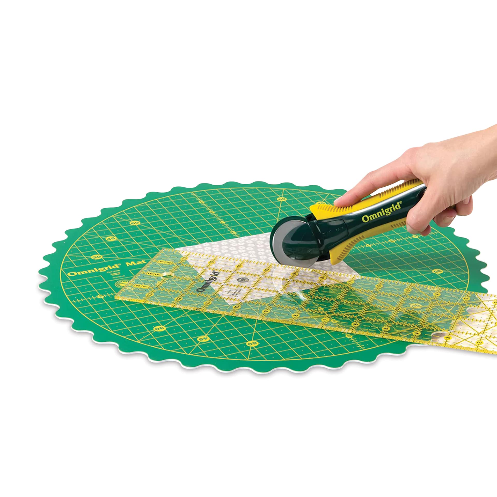 Omnigrid 360 Rotating Cutting Mat - Green/Yellow, 14" - in use (materials not included)