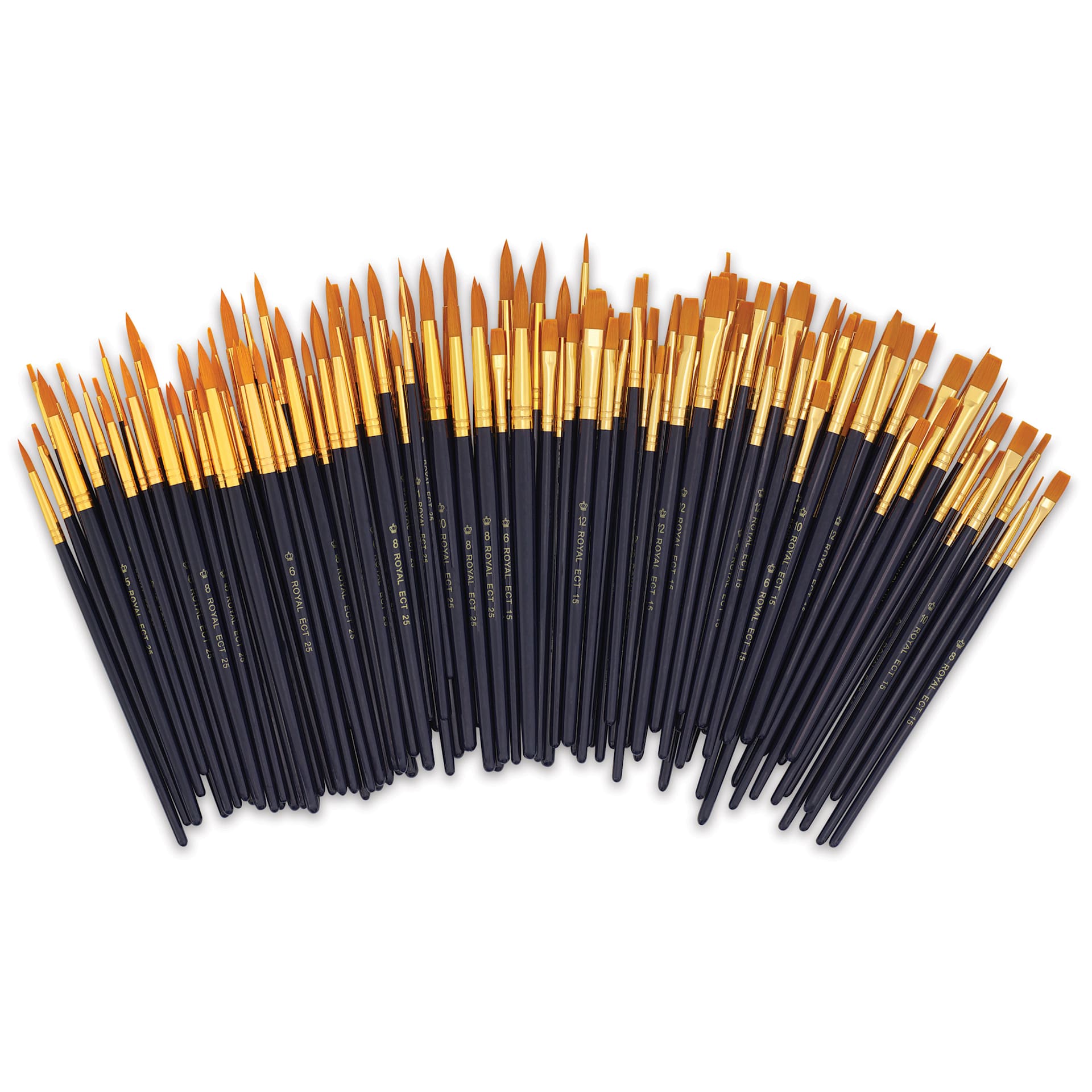 Royal & Langnickel Golden Taklon Wooden Handle Classroom Brush Assortment - Set of 144, brushes laid out Royal & Langnickel Golden Taklon Wooden Handle Classroom Brush Assortment - Set of 144, brushes laid out