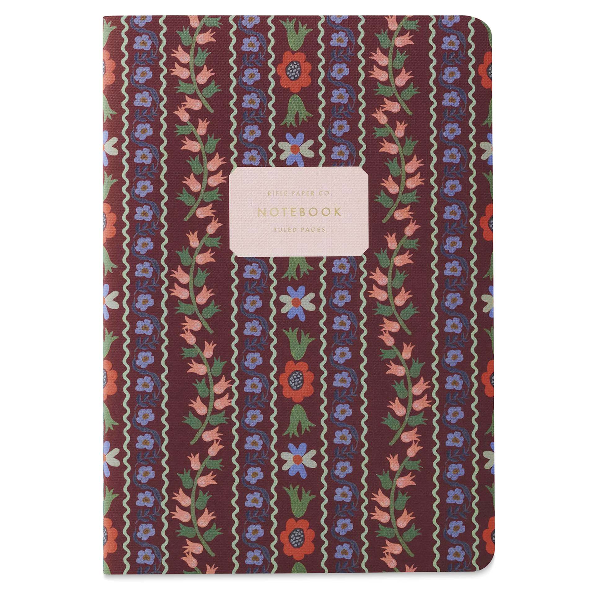 Rifle Paper Co. Stitched Notebook Set - Posy, Pkg of 3, front of maroon notebook
