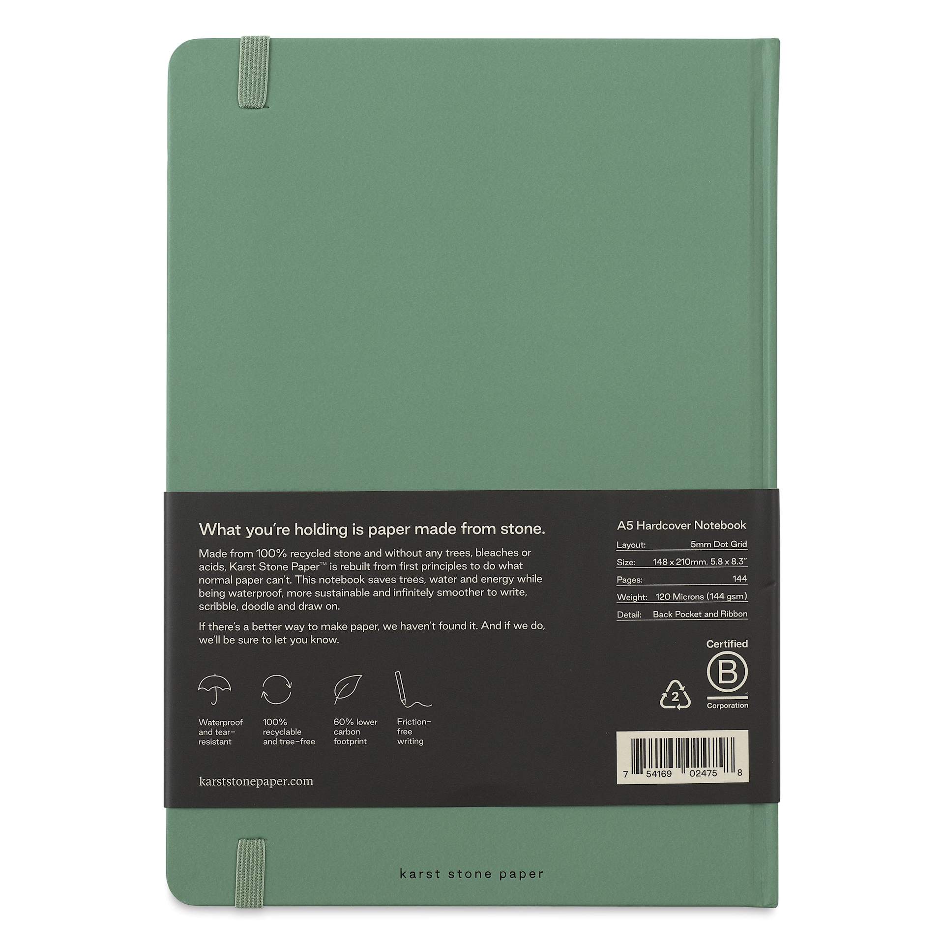 Karst Stone Paper Notebook - Eucalyptus, A5, Dot Grid, back