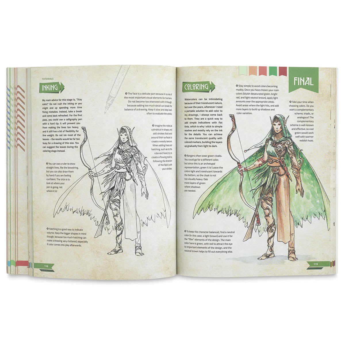 Beginner’s Guide to Fantasy Drawing- Spread on Inking and Coloring Characters