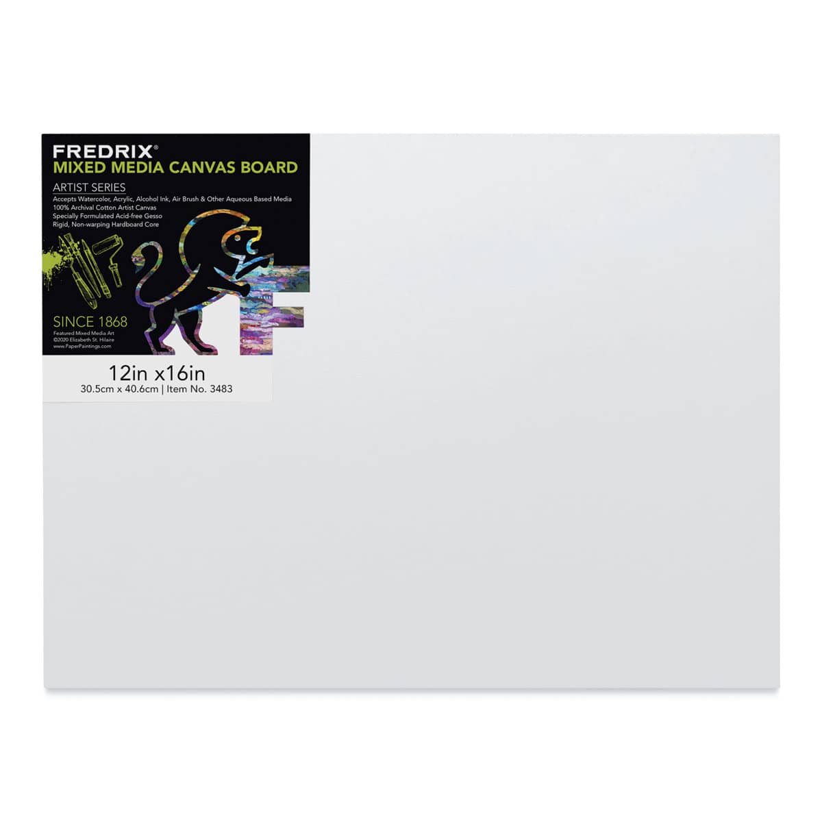 Fredrix Mixed Media Canvas Boards - Front view of 12" x 16" Board with label Fredrix Mixed Media Canvas Boards - Front view of 12" x 16" Board with label