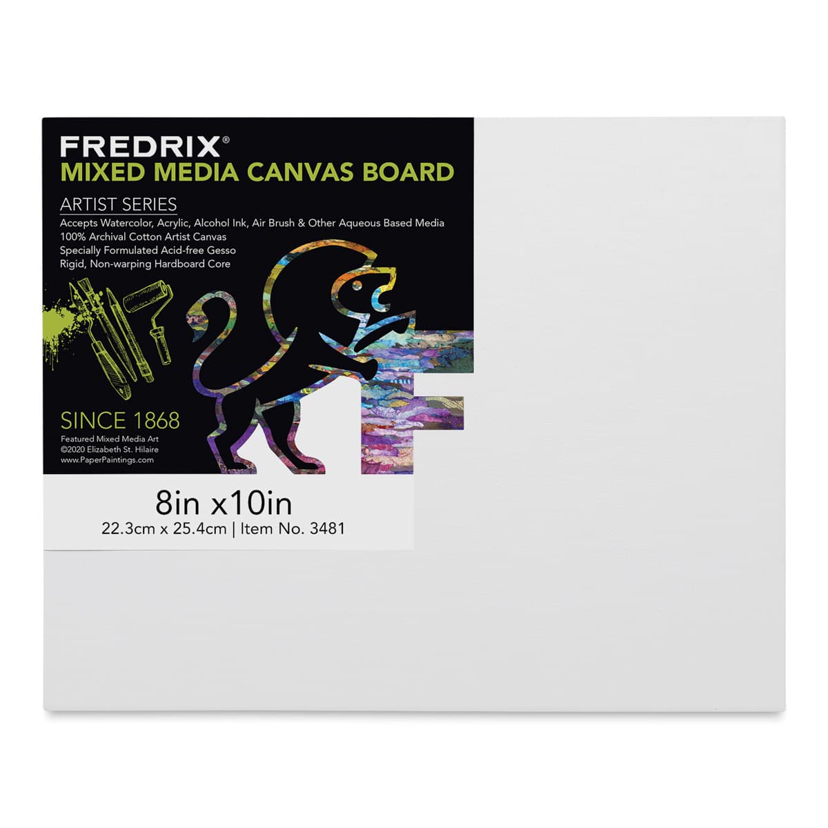 Fredrix Mixed Media Canvas Boards - Front view of 8" x 10" Board with label Fredrix Mixed Media Canvas Boards - Front view of 8" x 10" Board with label