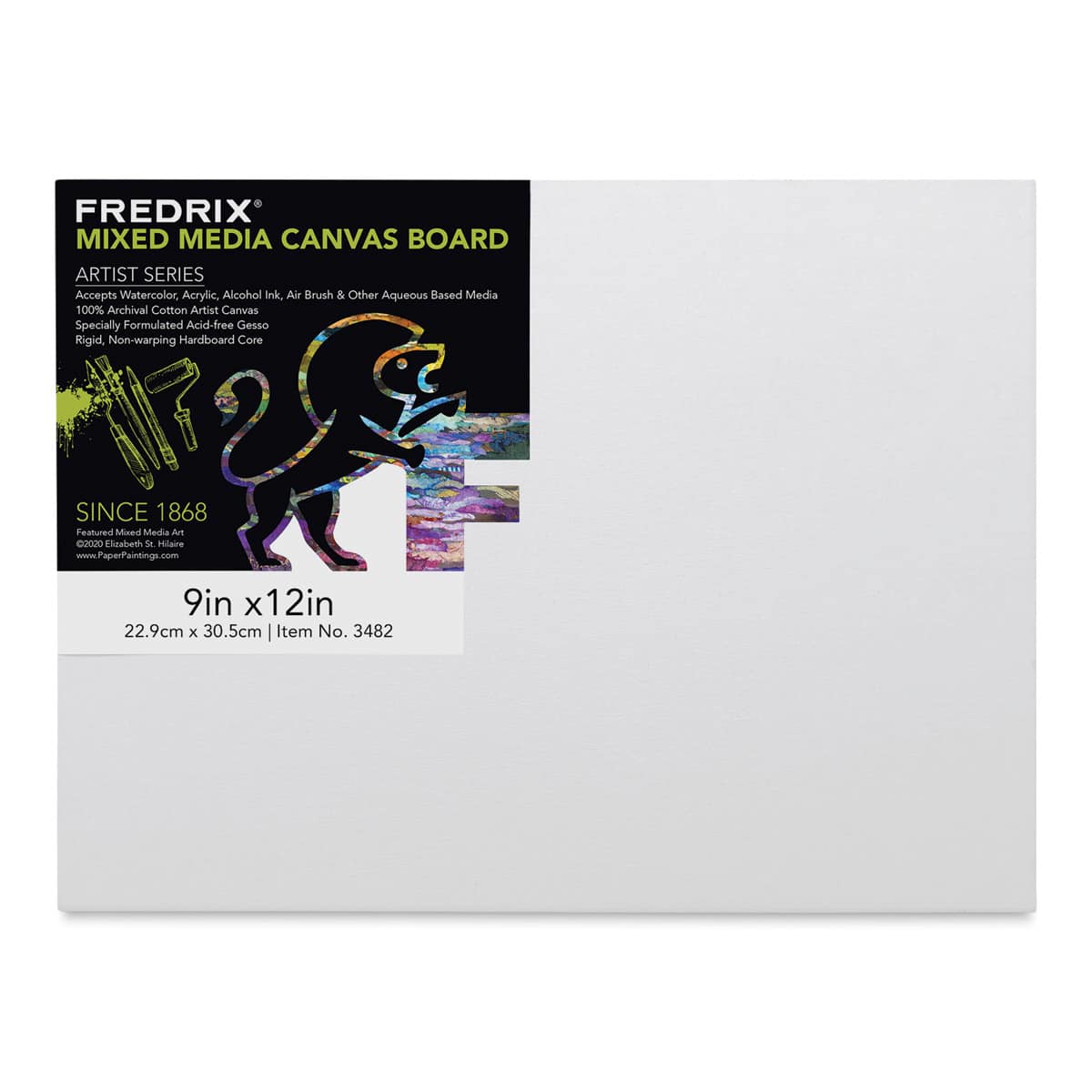 Fredrix Mixed Media Canvas Boards - Front view of 9" x 12" Board with label Fredrix Mixed Media Canvas Boards - Front view of 9" x 12" Board with label