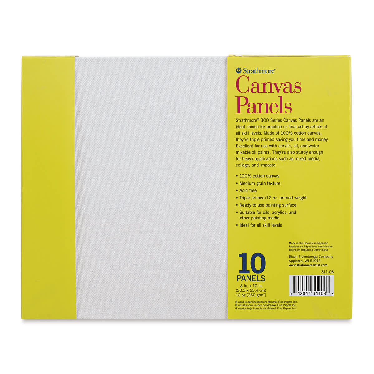 Strathmore 300 Series Cotton Canvas Panel Pack - 8" x 10", Package of 10 (Back of packaging) Strathmore 300 Series Cotton Canvas Panel Pack - 8" x 10", Package of 10 (Back of packaging)