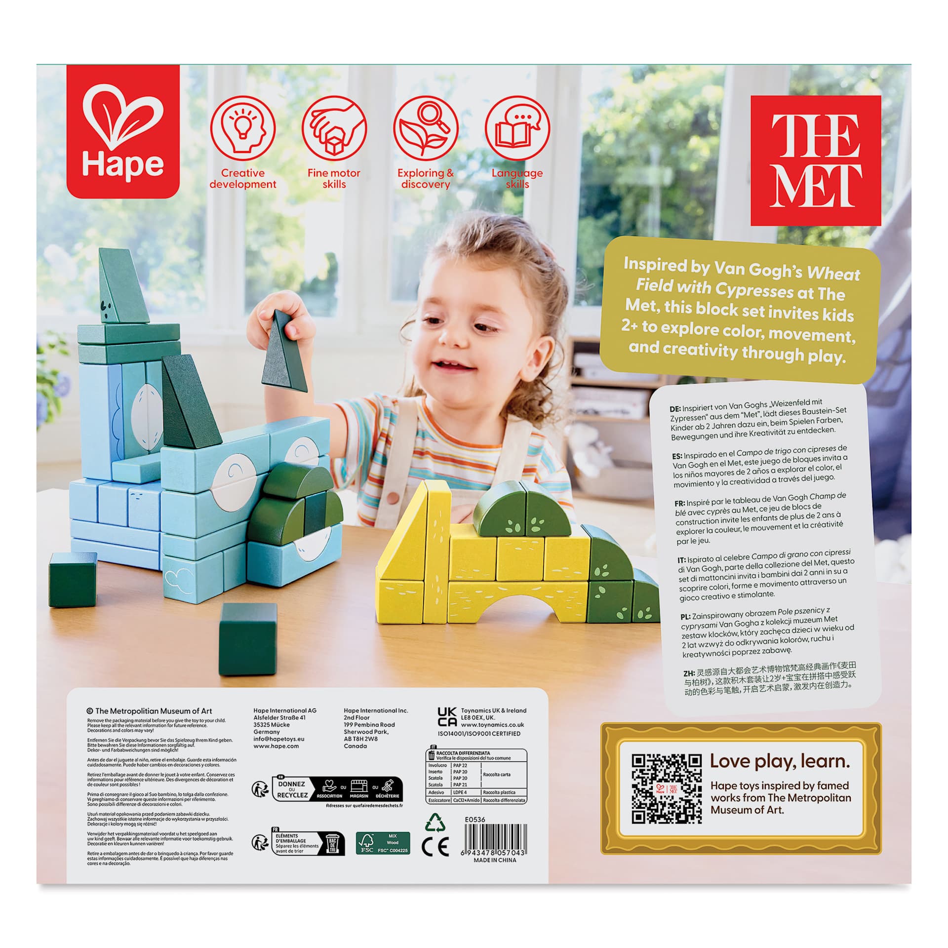 Hape x The Met Van Gogh Building Block Set, back of packaging