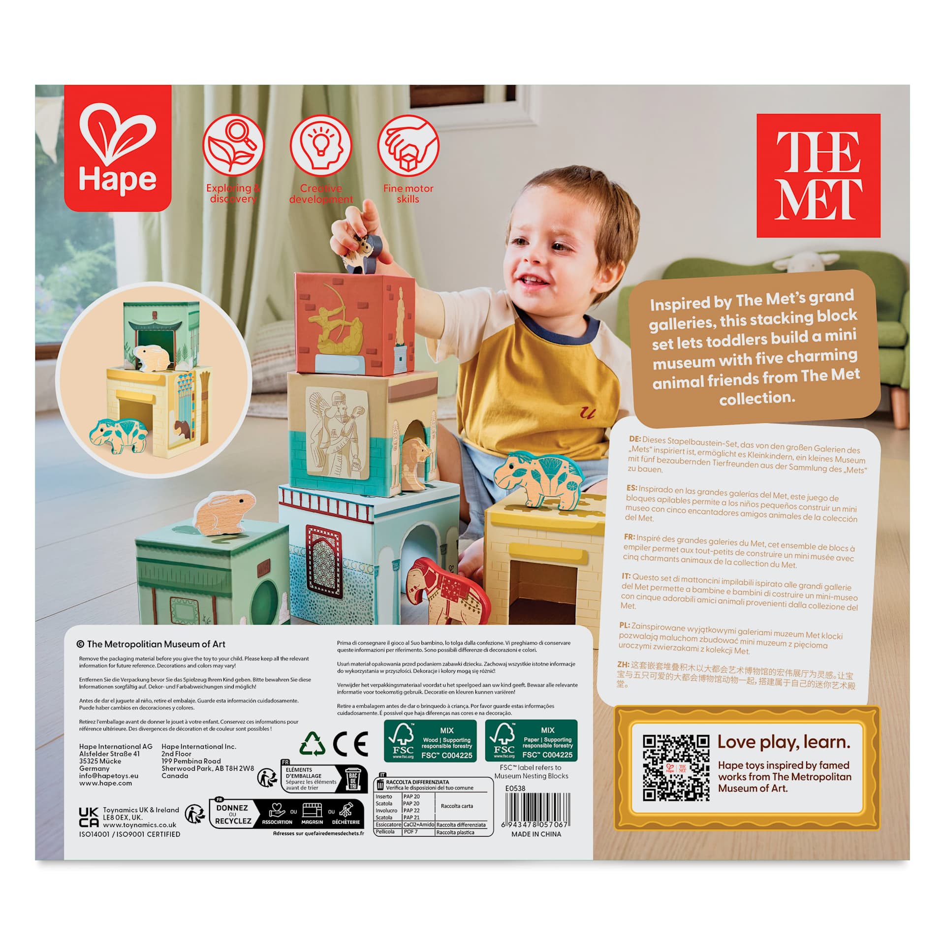 Hape x The Met Museum Nesting & Stacking Block Set, back of packaging