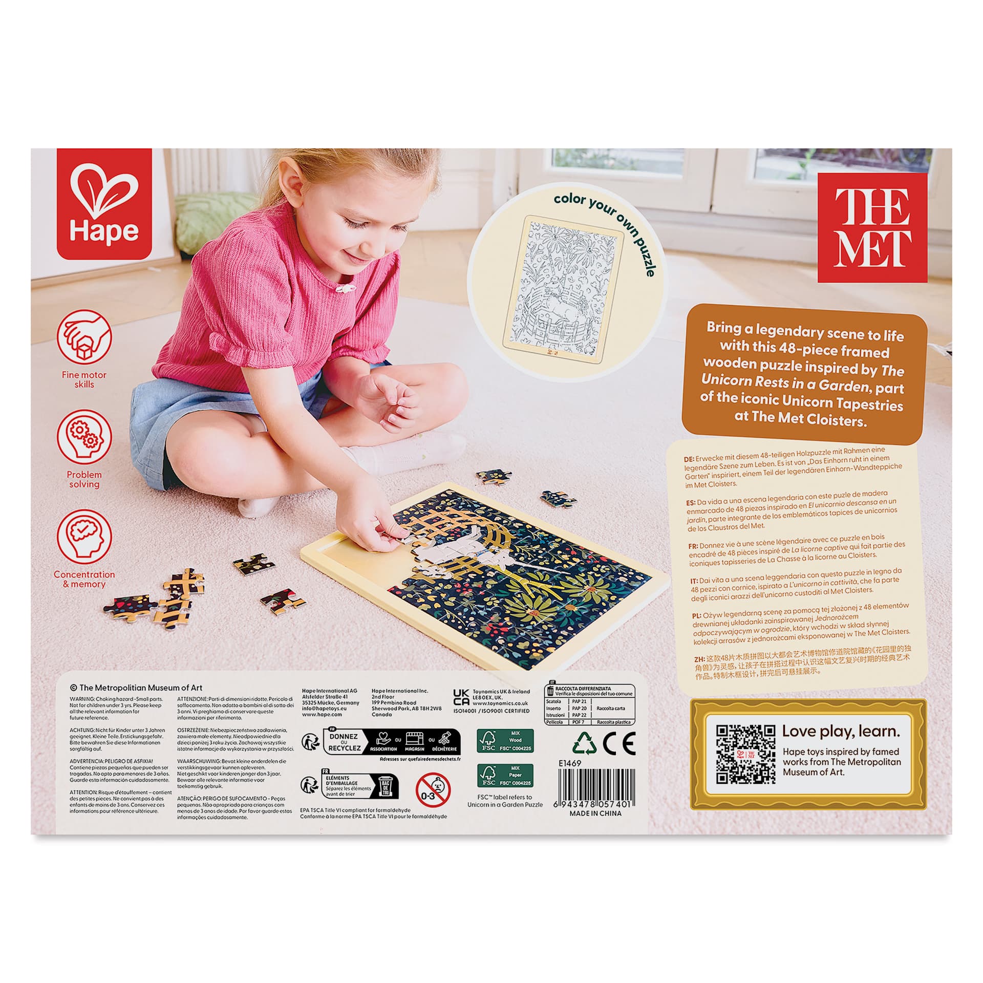 Hape x The Met Unicorn in a Garden Wooden Frame Puzzle, back of packaging