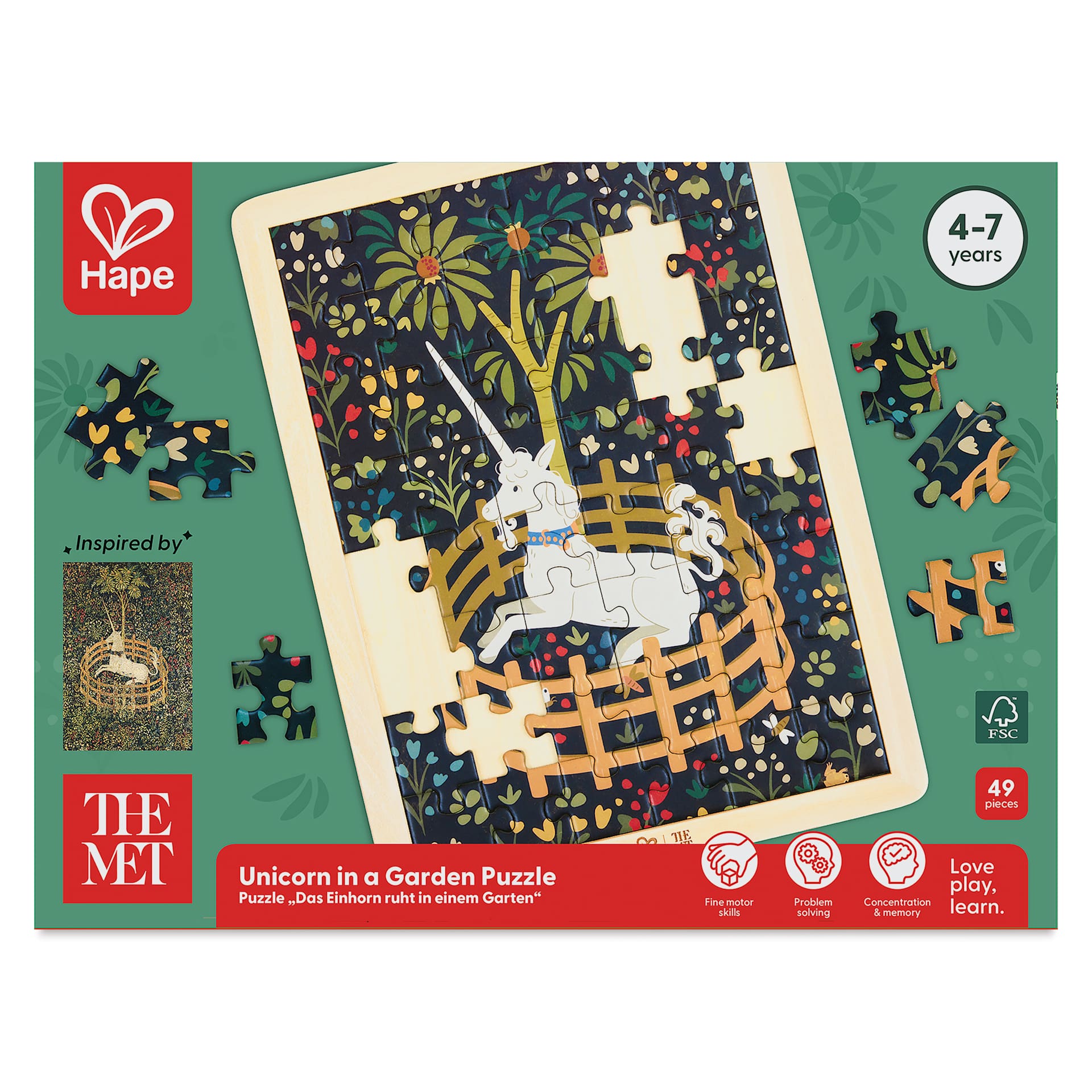 Hape x The Met Unicorn in a Garden Wooden Frame Puzzle, front of packaging