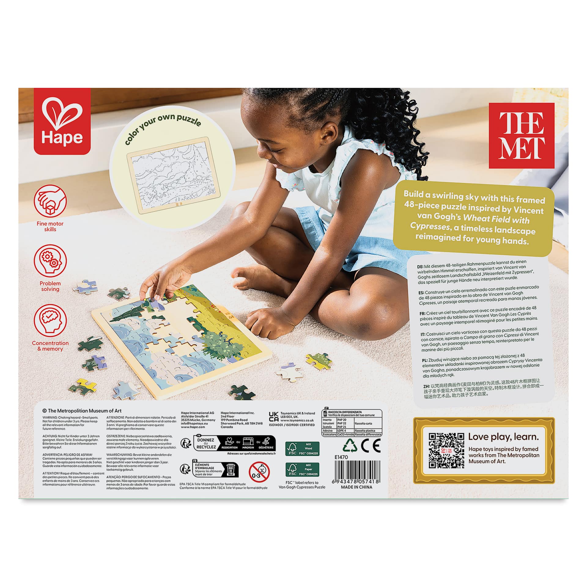 Hape x The Met Van Gogh Cypresses Wooden Frame Puzzle, back of packaging