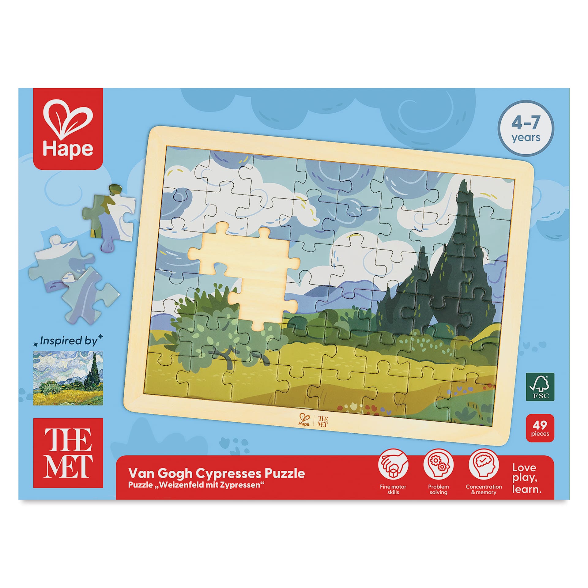 Hape x The Met Van Gogh Cypresses Wooden Frame Puzzle, front of packaging