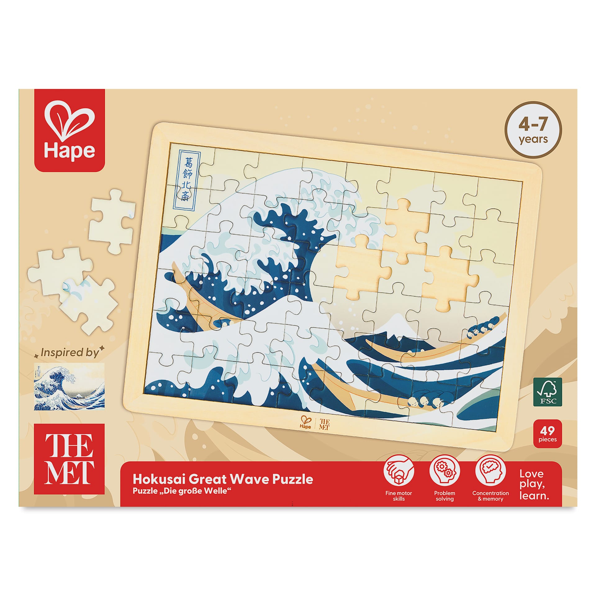 Hape x The Met Hokusai Great Wave Wooden Frame Puzzle - 48 Pieces, front of packaging