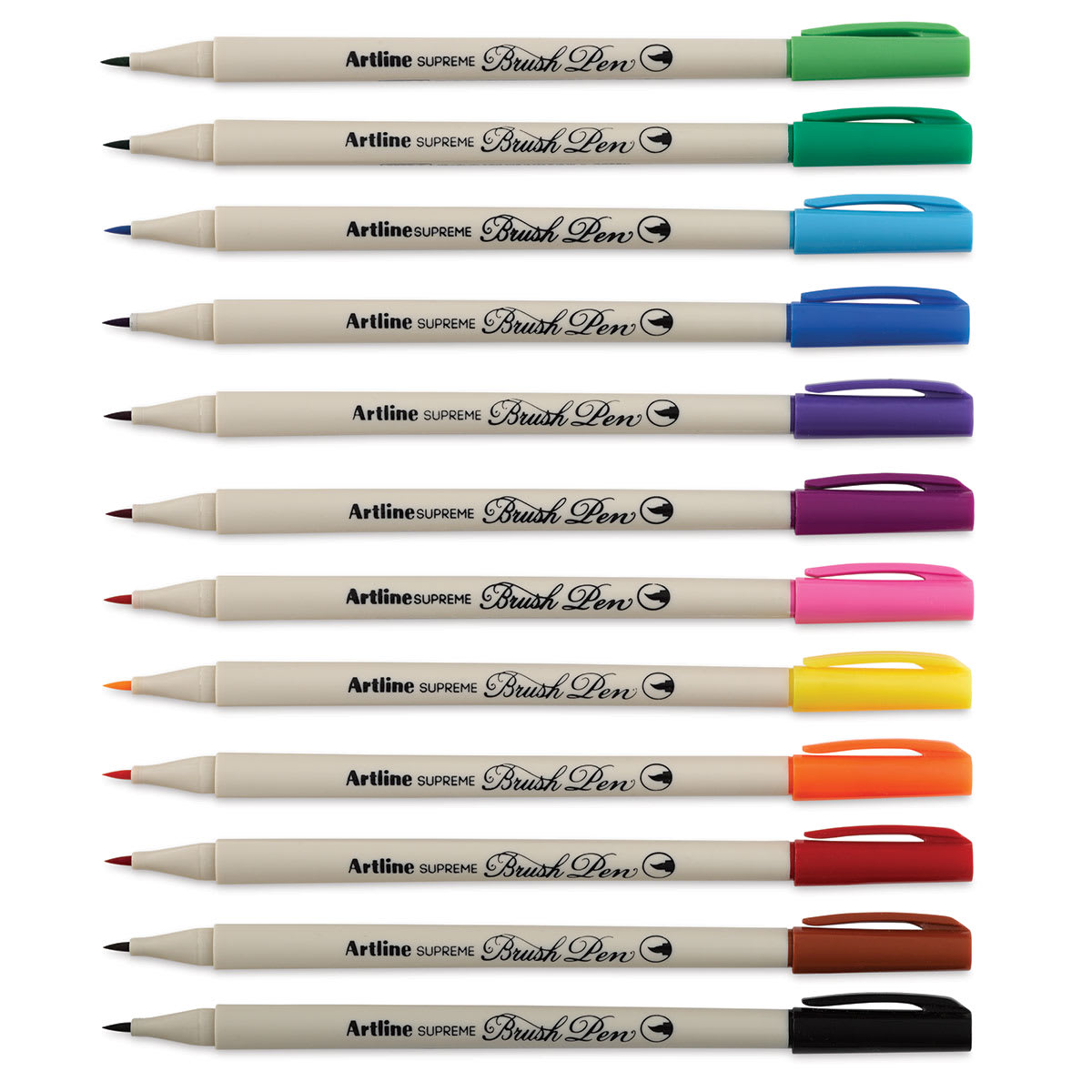 Artline Supreme Brush Pens - Set of 12, Assorted Colors (set contents with caps off)