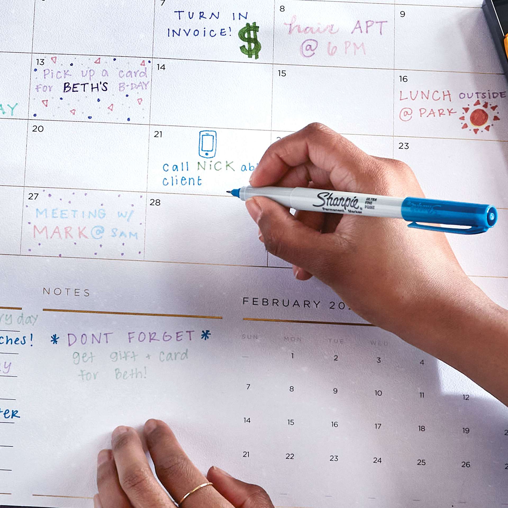 Sharpie Permanent Markers Fine and Ultra-Fine Variety Pack (being used on a calendar) Sharpie Permanent Markers Fine and Ultra-Fine Variety Pack (being used on a calendar)