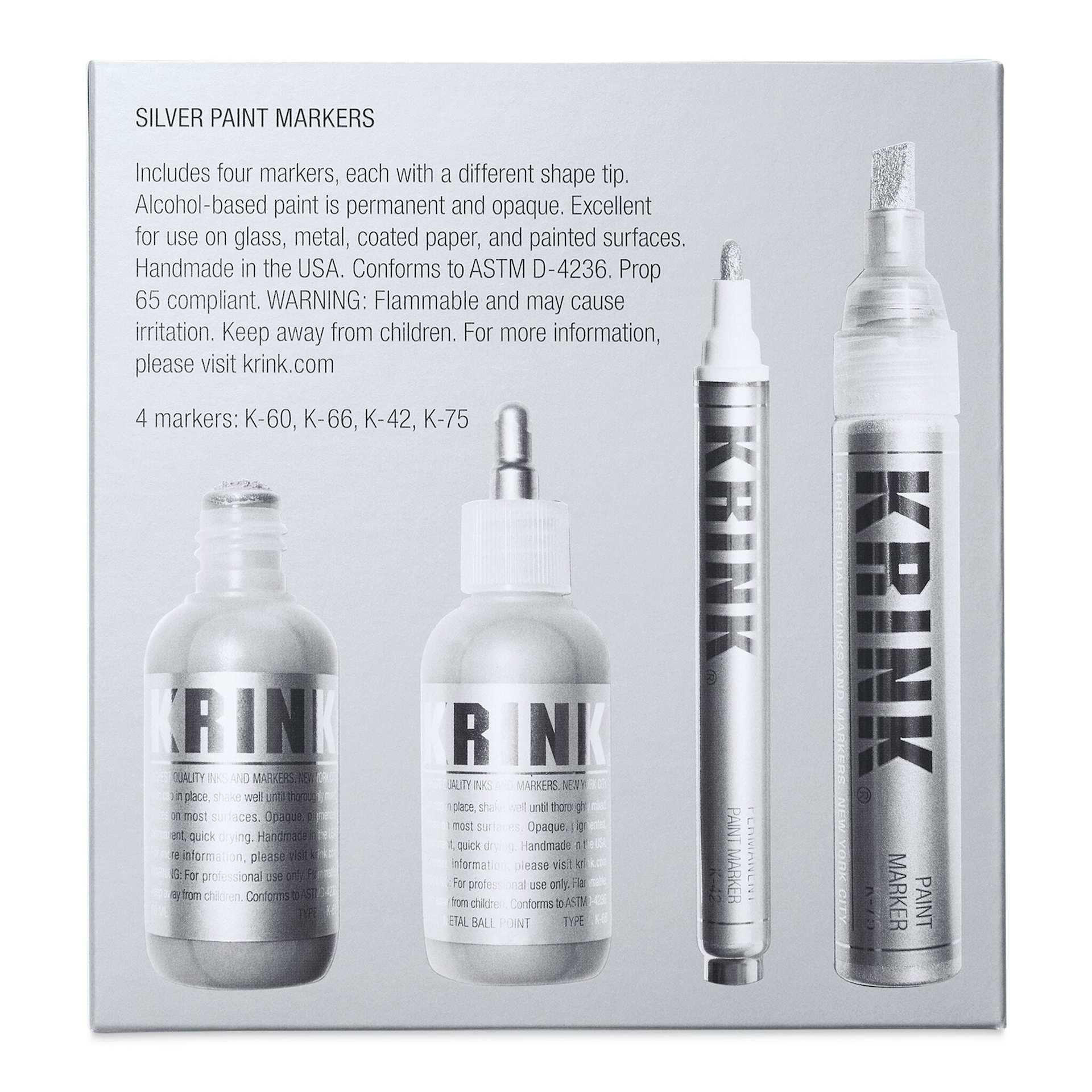Krink Silver Permanent Ink Markers - Set of 4 (back of packaging)
