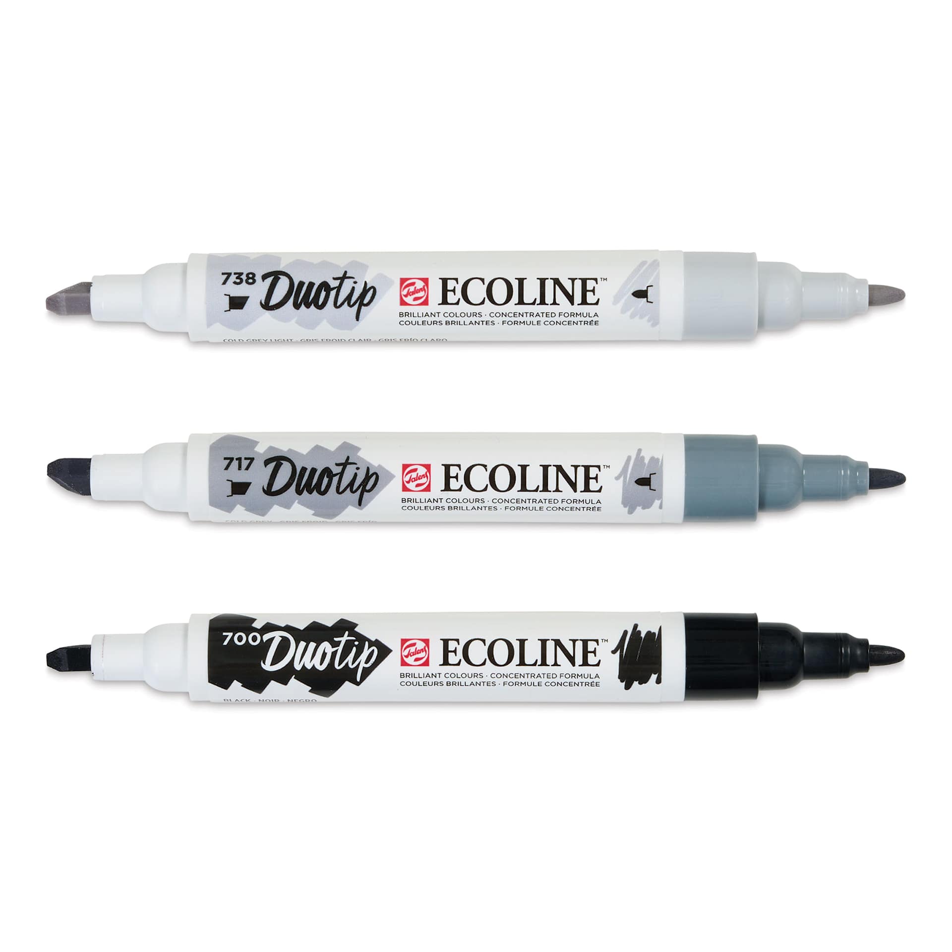 Royal Talens Ecoline DuoTip Markers - Black and Grey, Set of 3 with caps off Royal Talens Ecoline DuoTip Markers - Black and Grey, Set of 3 with caps off