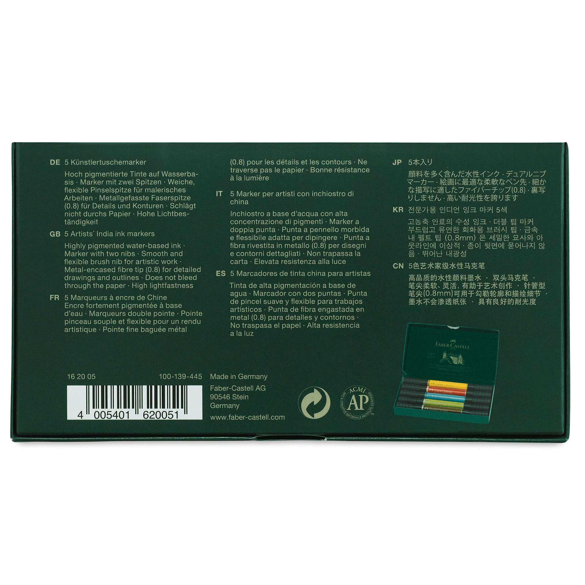 Faber-Castell Pitt Artist Pen Dual Tip Markers - Set of 5 back of package