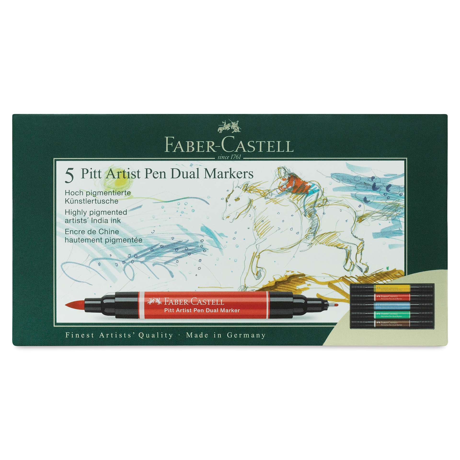 Faber-Castell Pitt Artist Pen Dual Tip Markers - Set of 5 front of package Faber-Castell Pitt Artist Pen Dual Tip Markers - Set of 5 front of package