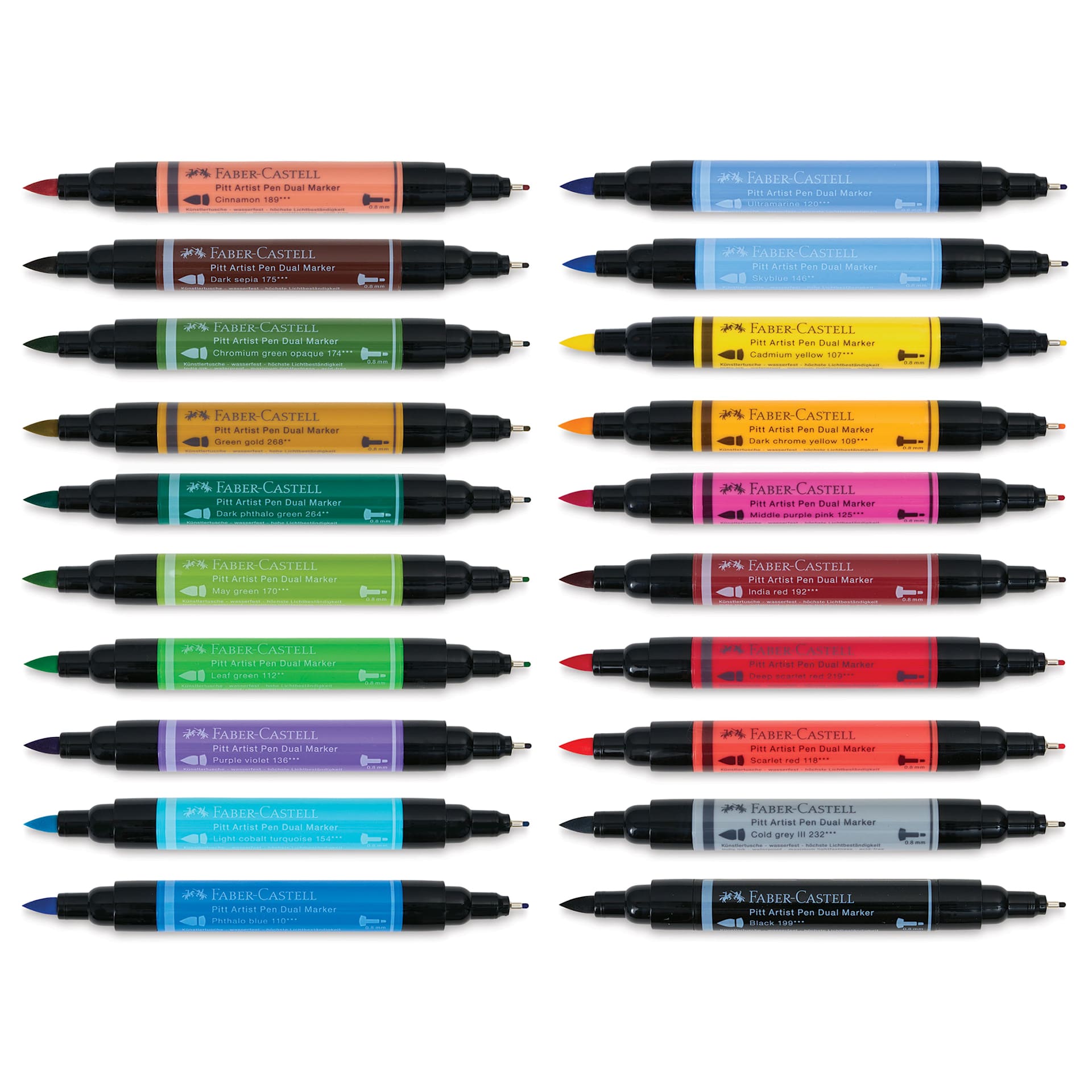 Faber-Castell Pitt Artist Pen Dual Tip Markers - Set of 20 with caps off