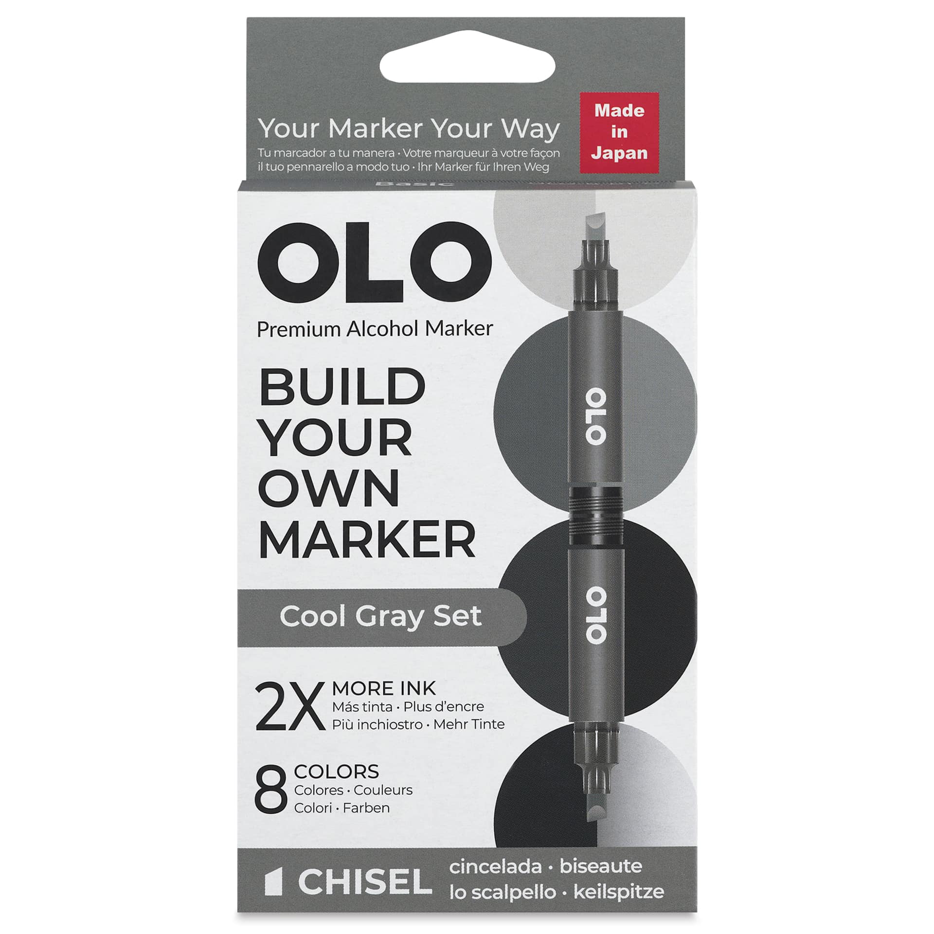 Olo Chisel Dual-Tip Markers - Set of 8, Cool Gray, front of the packaging