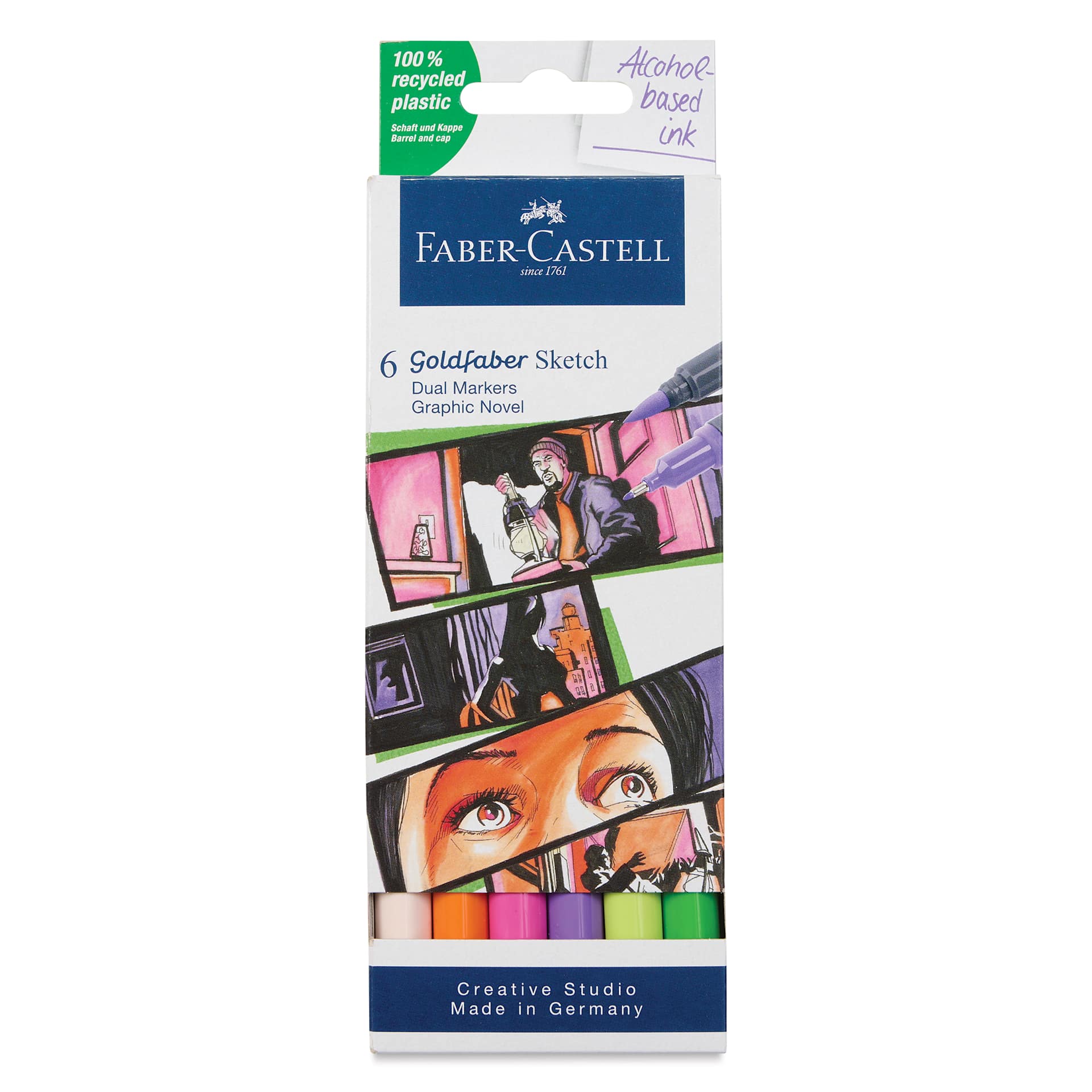 Faber-Castell Goldfaber Sketch Dual-Tip Markers - Graphic Novel, Set of 6, front of the packaging Faber-Castell Goldfaber Sketch Dual-Tip Markers - Graphic Novel, Set of 6, front of the packaging
