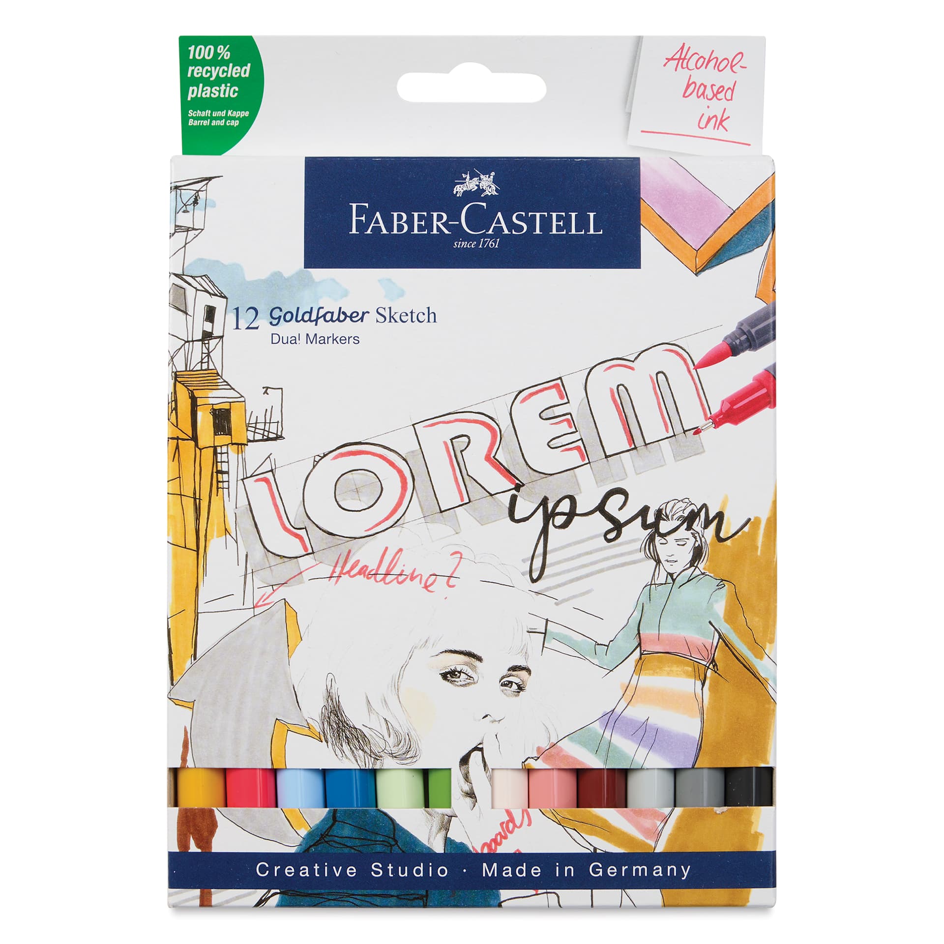 Faber-Castell Goldfaber Sketch Dual-Tip Markers - Assorted Colors, Set of 12, front of the packaging Faber-Castell Goldfaber Sketch Dual-Tip Markers - Assorted Colors, Set of 12, front of the packaging