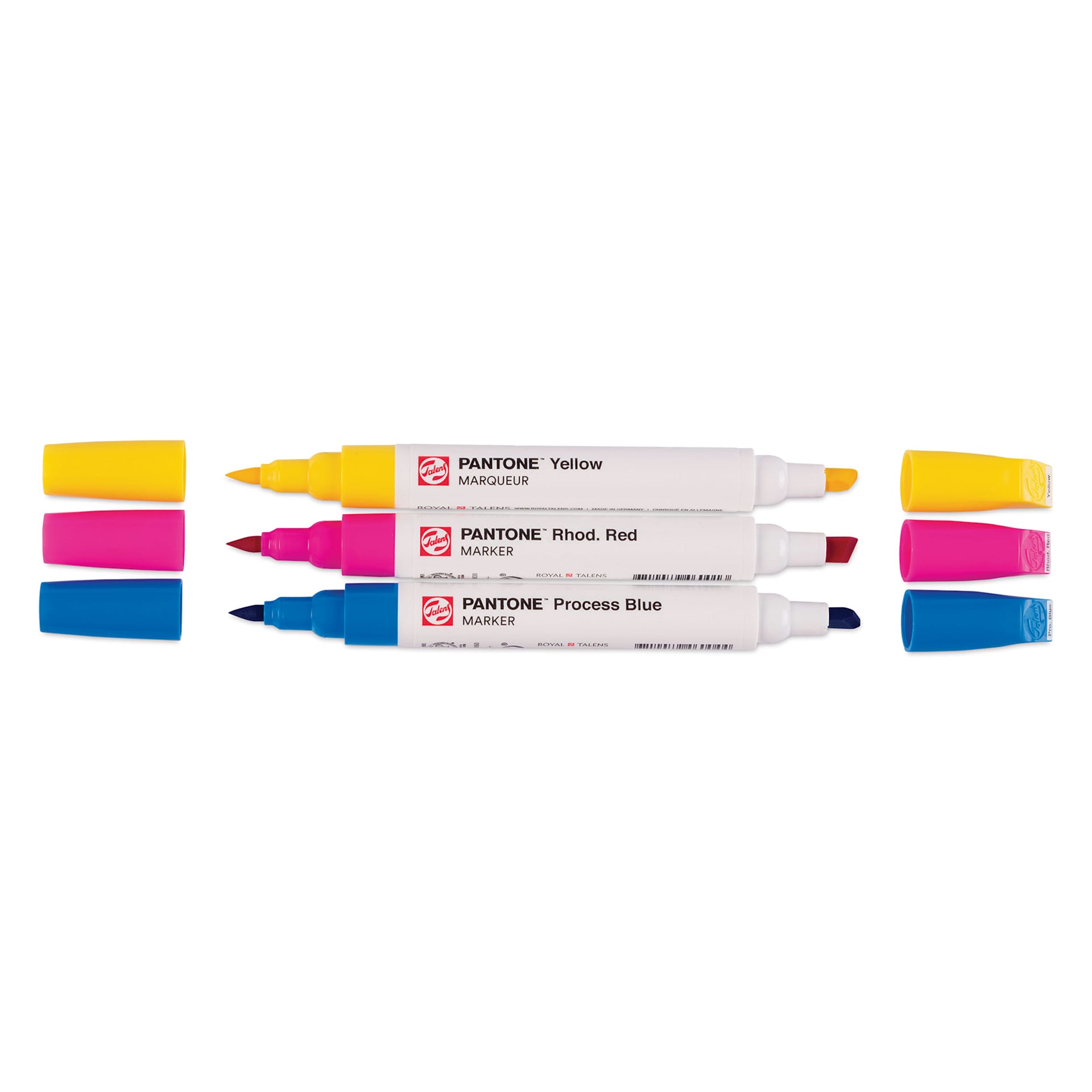 Pantone Dual Tip Markers - Primary, Set of 3, markers laid out with caps off