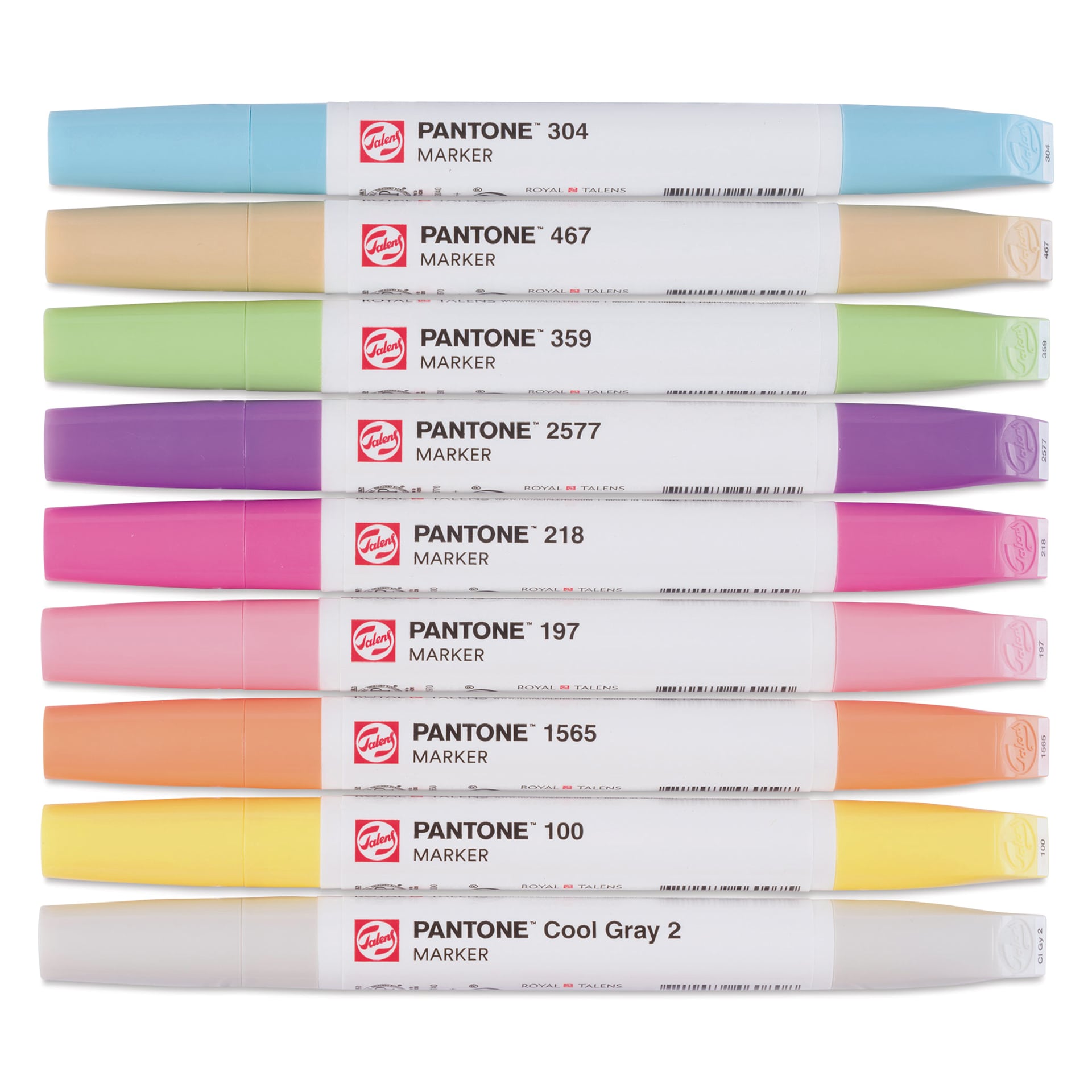 Pantone Dual Tip Markers - Pastel, Set of 9, markers laid out with caps on