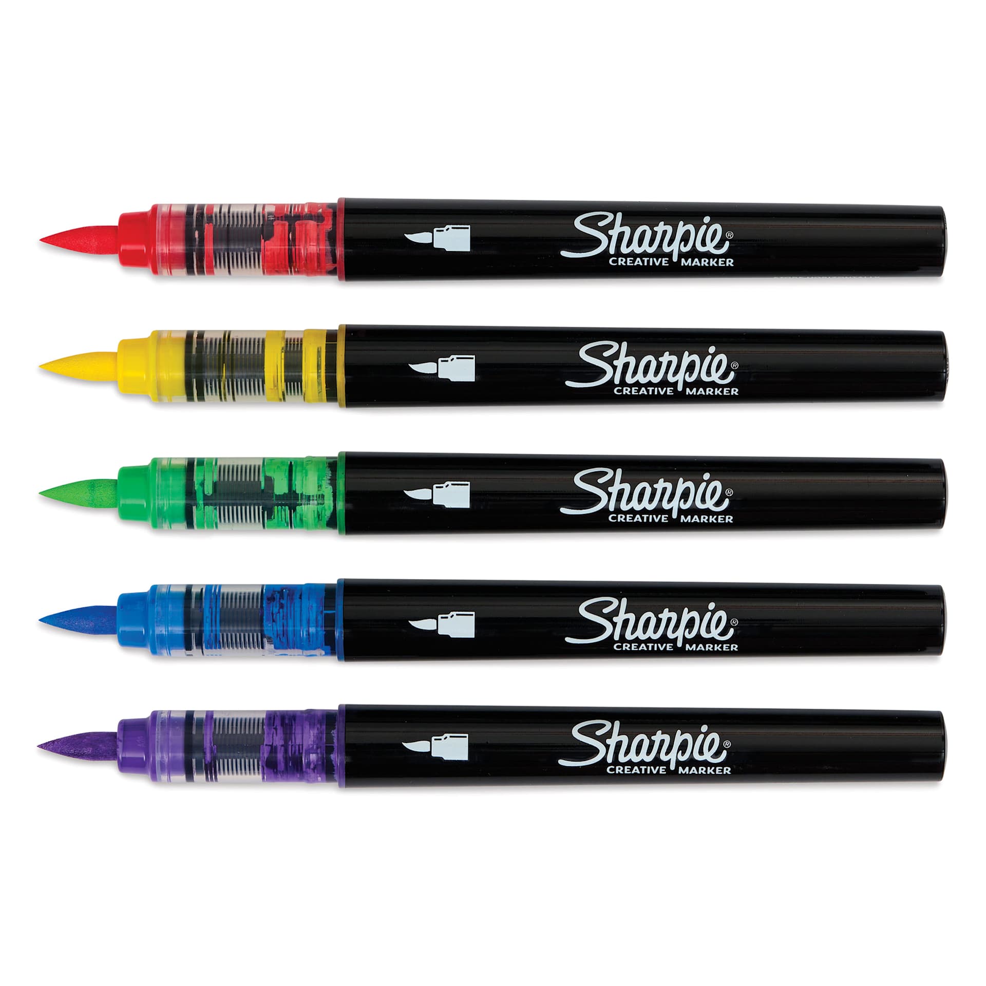 Sharpie Creative Acrylic Markers - Set of 5, Brush Tip markers laid out with caps off Sharpie Creative Acrylic Markers - Set of 5, Brush Tip markers laid out with caps off