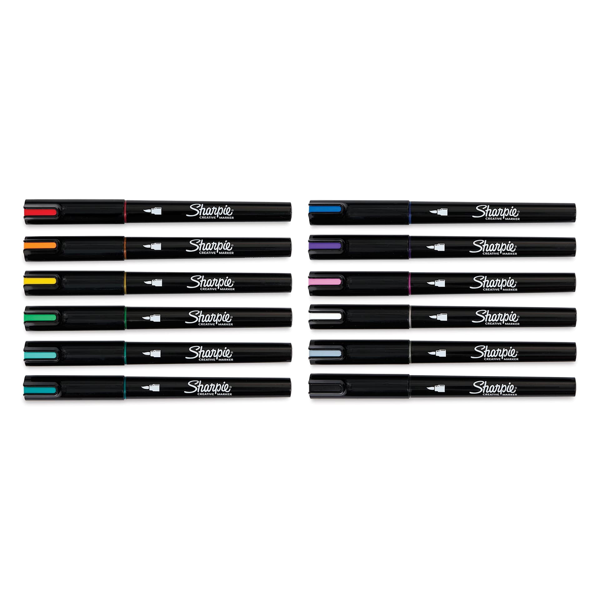 Sharpie Creative Acrylic Markers - Set of 12, Brush Tip markers laid out with caps on