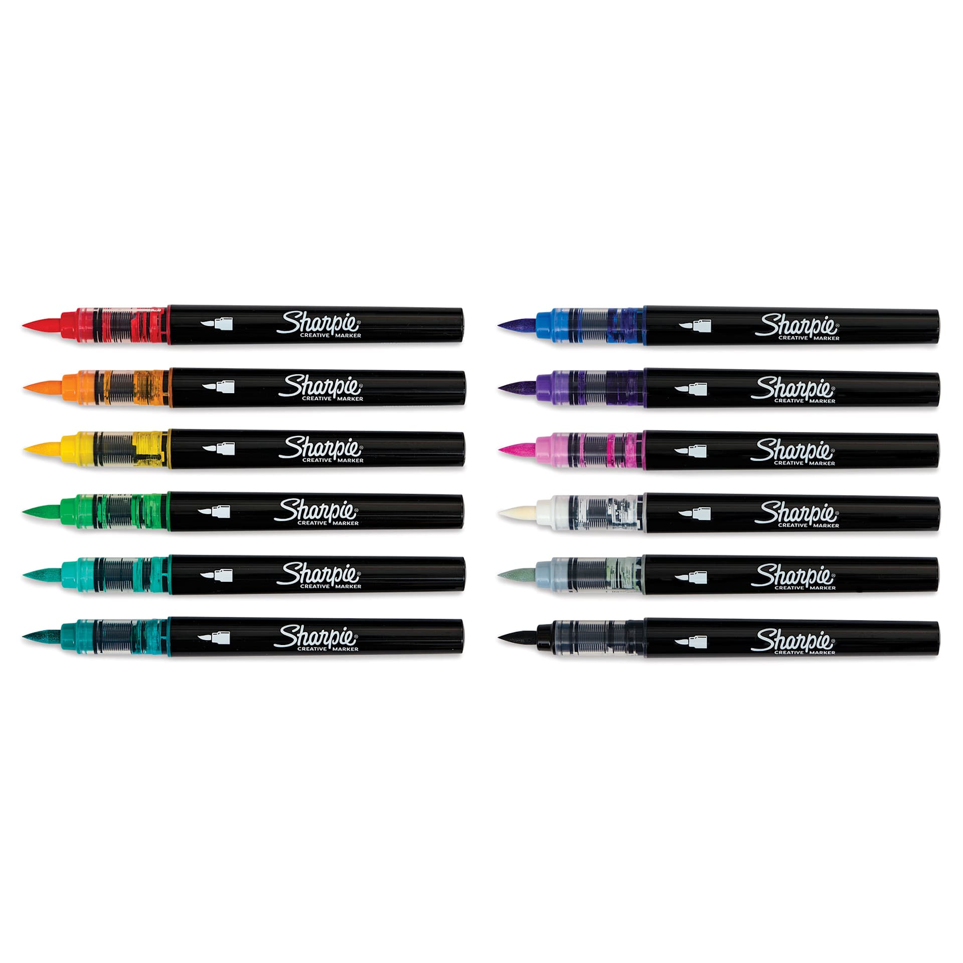 Sharpie Creative Acrylic Markers - Set of 12, Brush Tip markers laid out with caps off