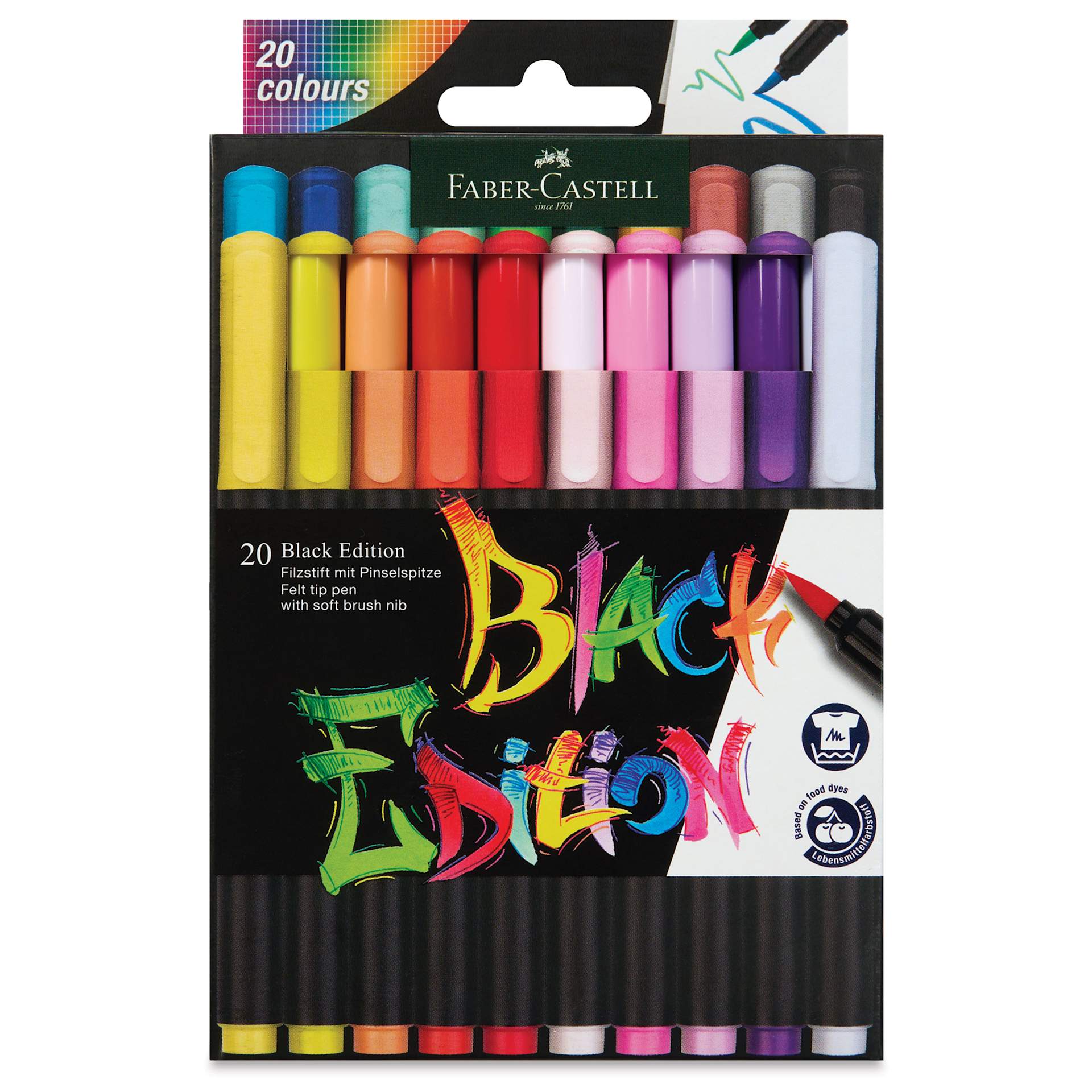 Faber-Castell Black Edition Brush Pens - Assorted Colors, Set of 20, front of the packaging Faber-Castell Black Edition Brush Pens - Assorted Colors, Set of 20, front of the packaging