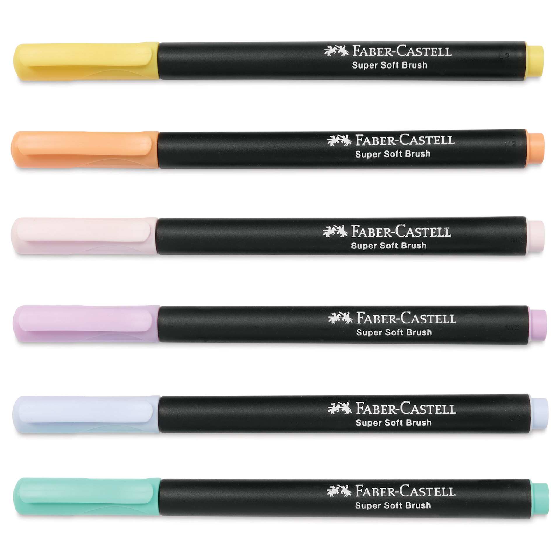 Faber-Castell Black Edition Brush Pens - Pastel Colors, Set of 6, markers with caps on Faber-Castell Black Edition Brush Pens - Pastel Colors, Set of 6, markers with caps on