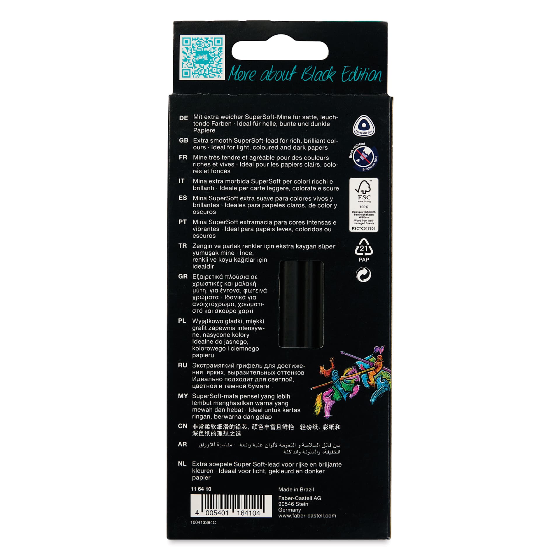Faber-Castell Black Edition Colored Pencils - Neon and Pastel Colors, Set of 12, back of the pack