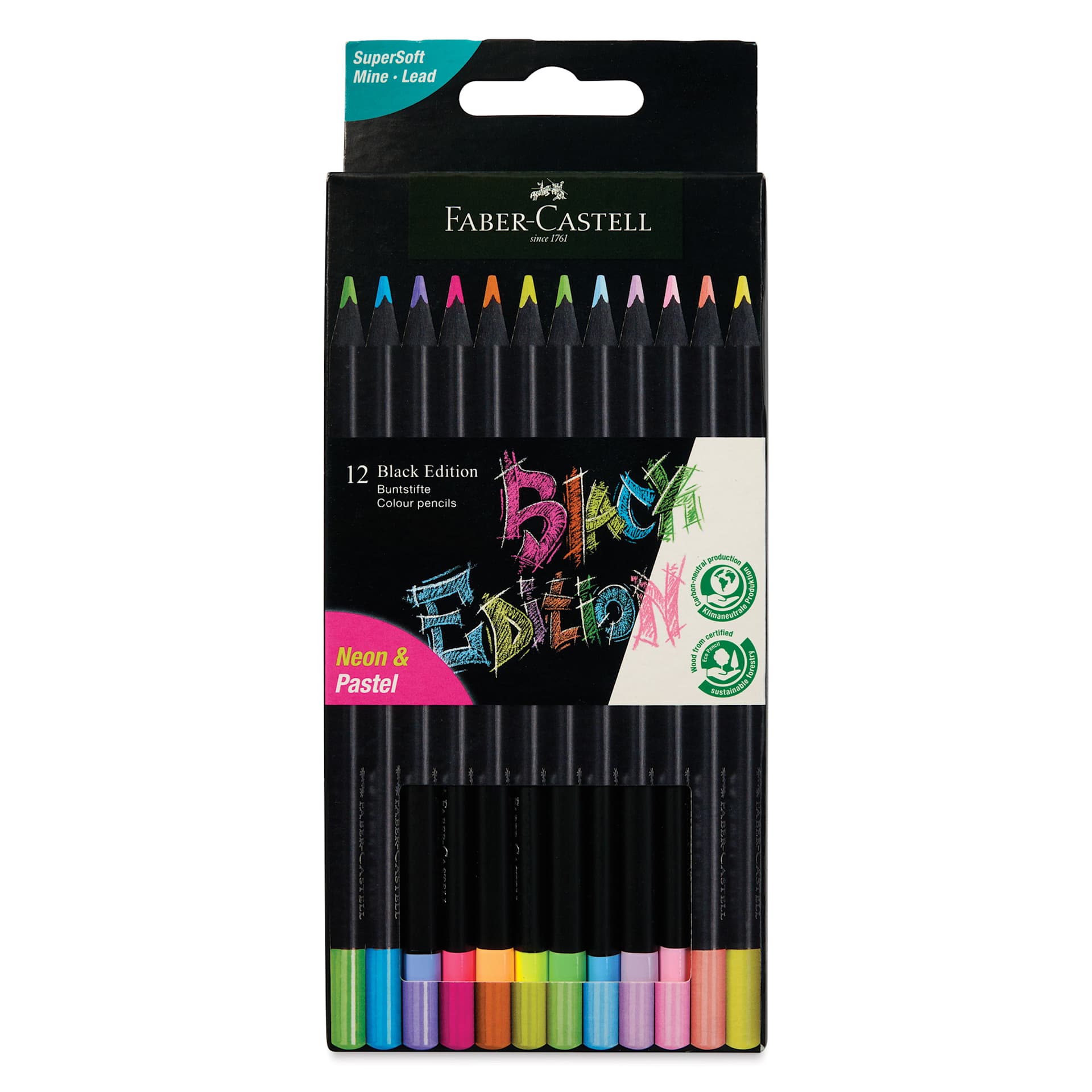 Faber-Castell Black Edition Colored Pencils - Neon and Pastel Colors, Set of 12, front of the pack
