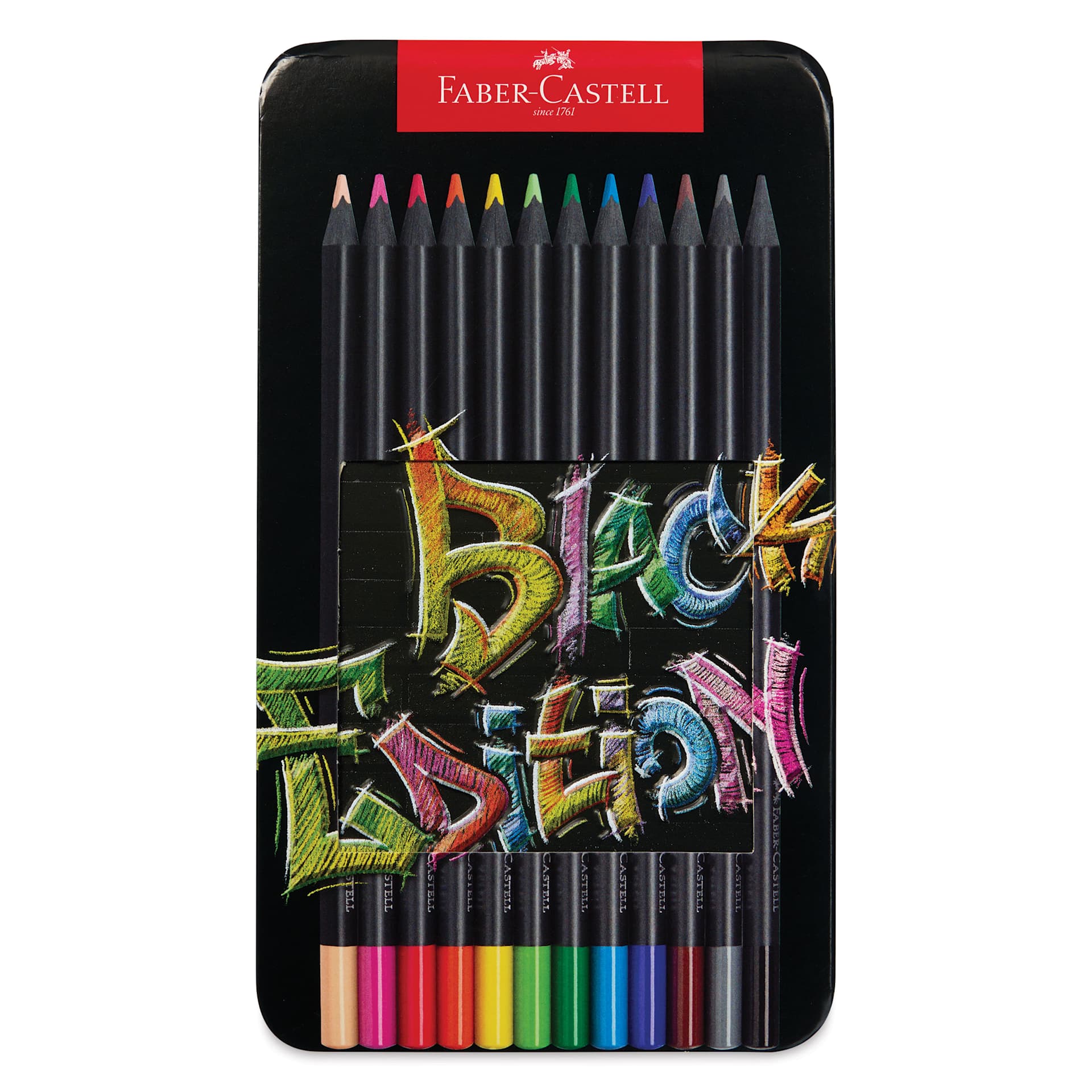 Faber-Castell Black Edition Colored Pencils - Assorted Colors, Tin Set of 12, front of the packaging Faber-Castell Black Edition Colored Pencils - Assorted Colors, Tin Set of 12, front of the packaging