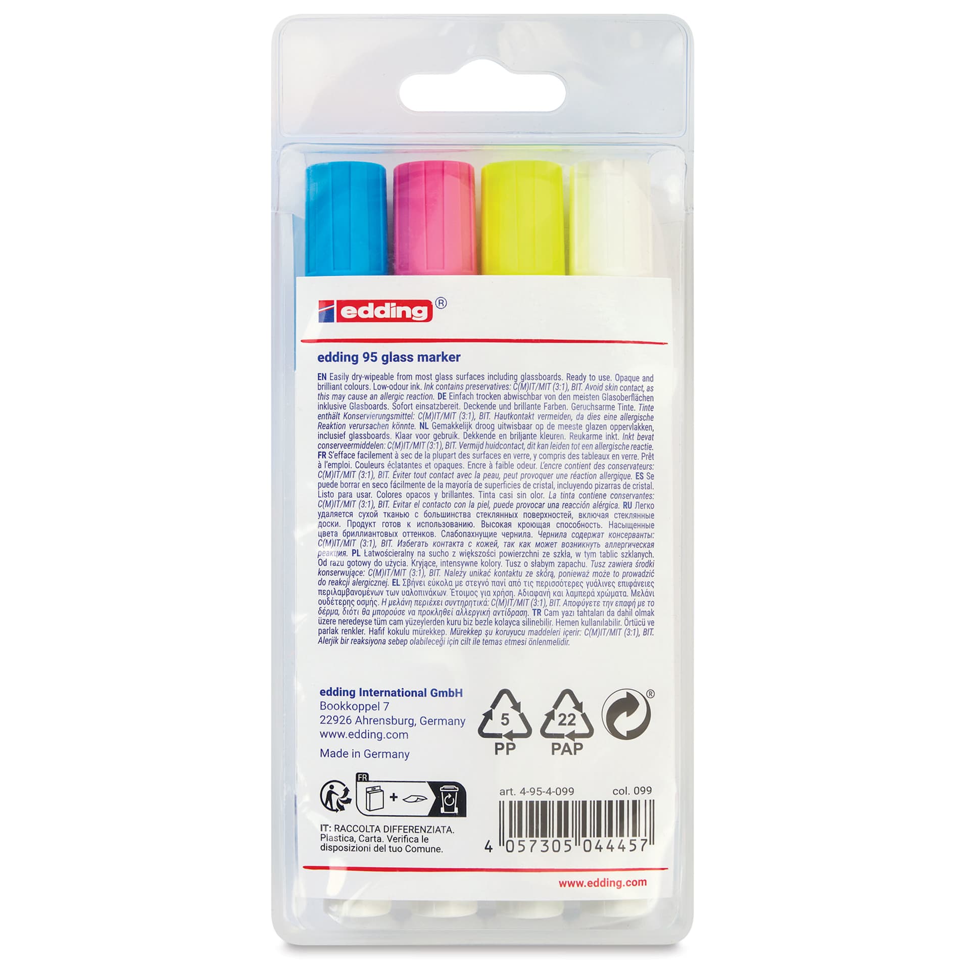 Edding 95 Glass Markers - Light Colors, Set of 4, back of the packaging
