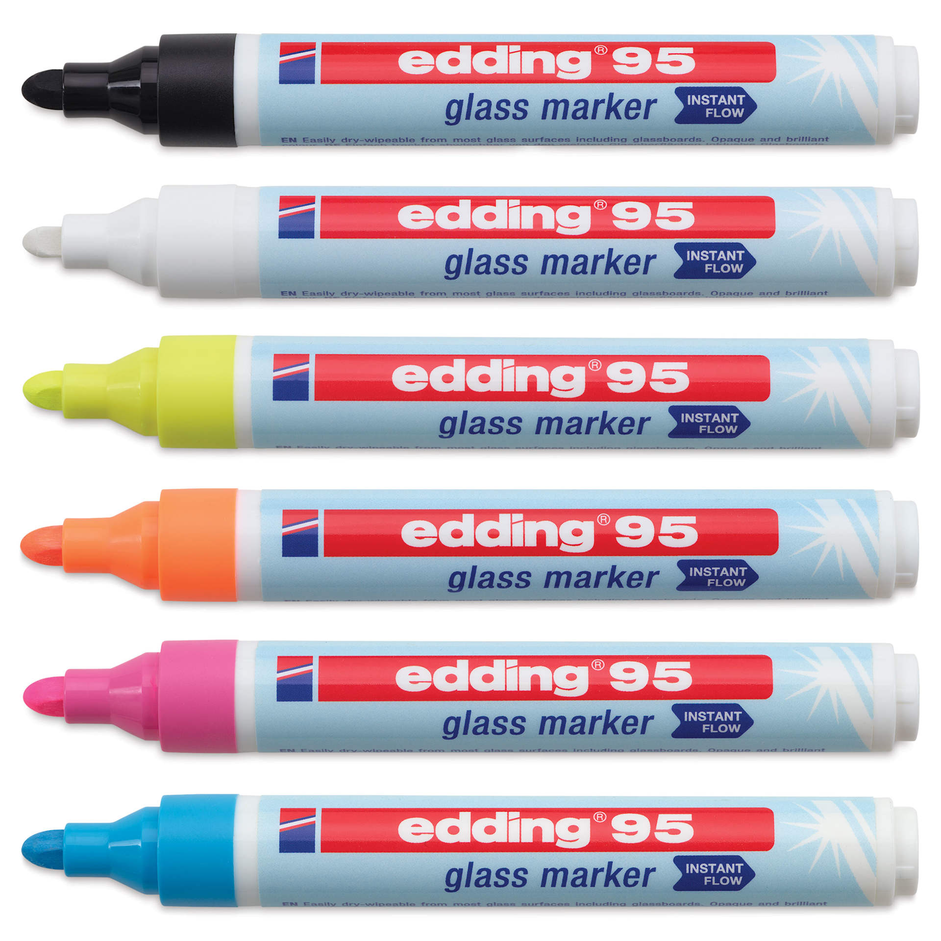 Edding 95 Glass Markers - Assorted Colors, Set of 6, markers laid out with caps off Edding 95 Glass Markers - Assorted Colors, Set of 6, markers laid out with caps off