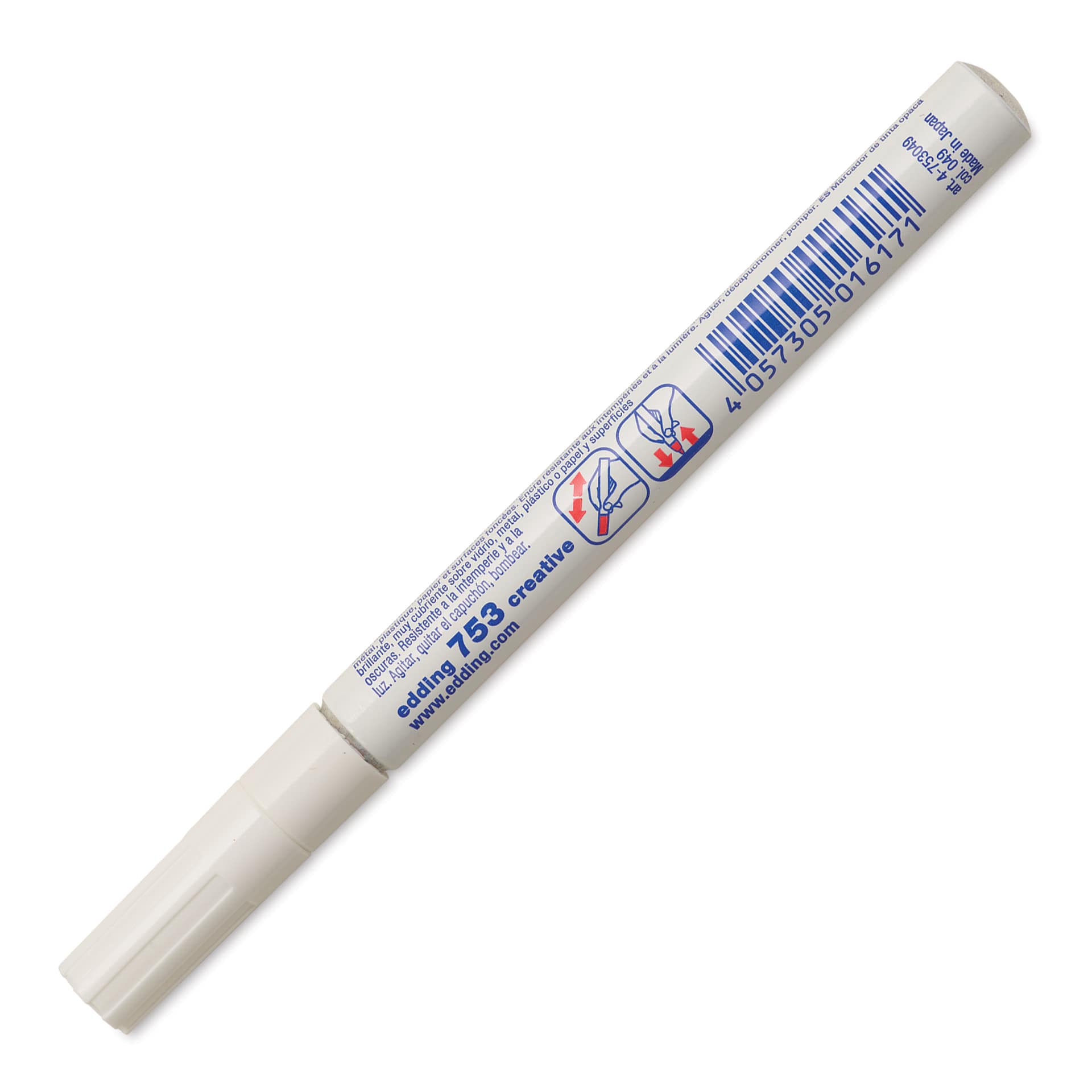 Edding Gloss Paint Marker - White, Calligraphy Nib, 1-5 mm, marker barrel showing usage instructions