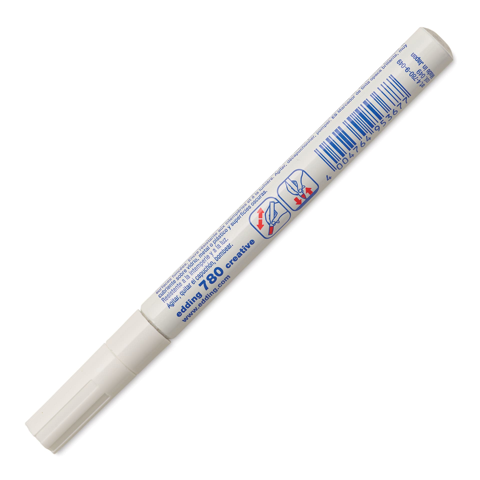 Edding Gloss Paint Marker - White, Round Nib, 0.8 mm, marker barrel showing usage instructions